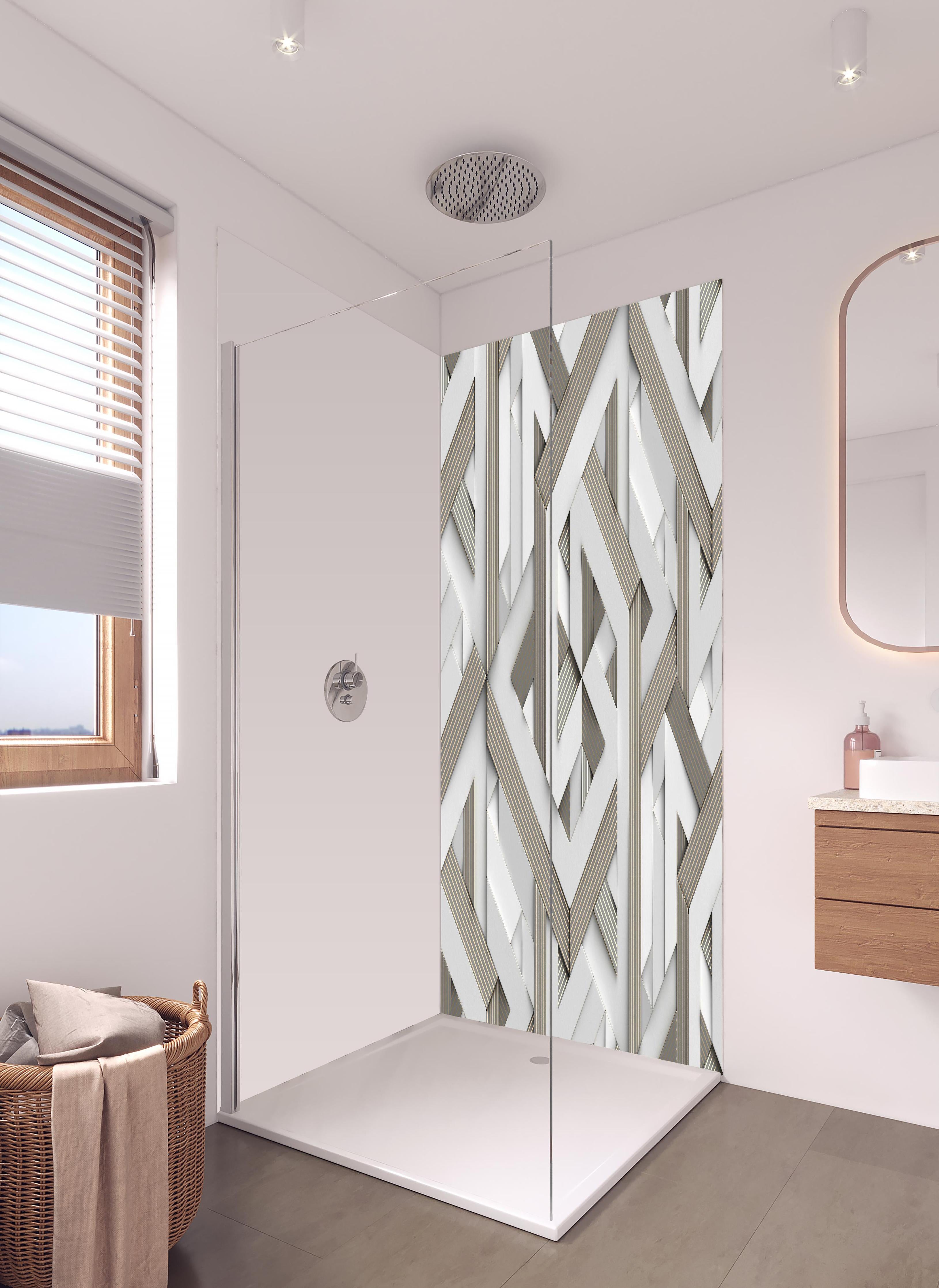 Duschrückwand - Dekoratives Mosaik Muster - 3D in hellem Badezimmer mit Regenduschkopf - zweiteilige Eck-Duschrückwand