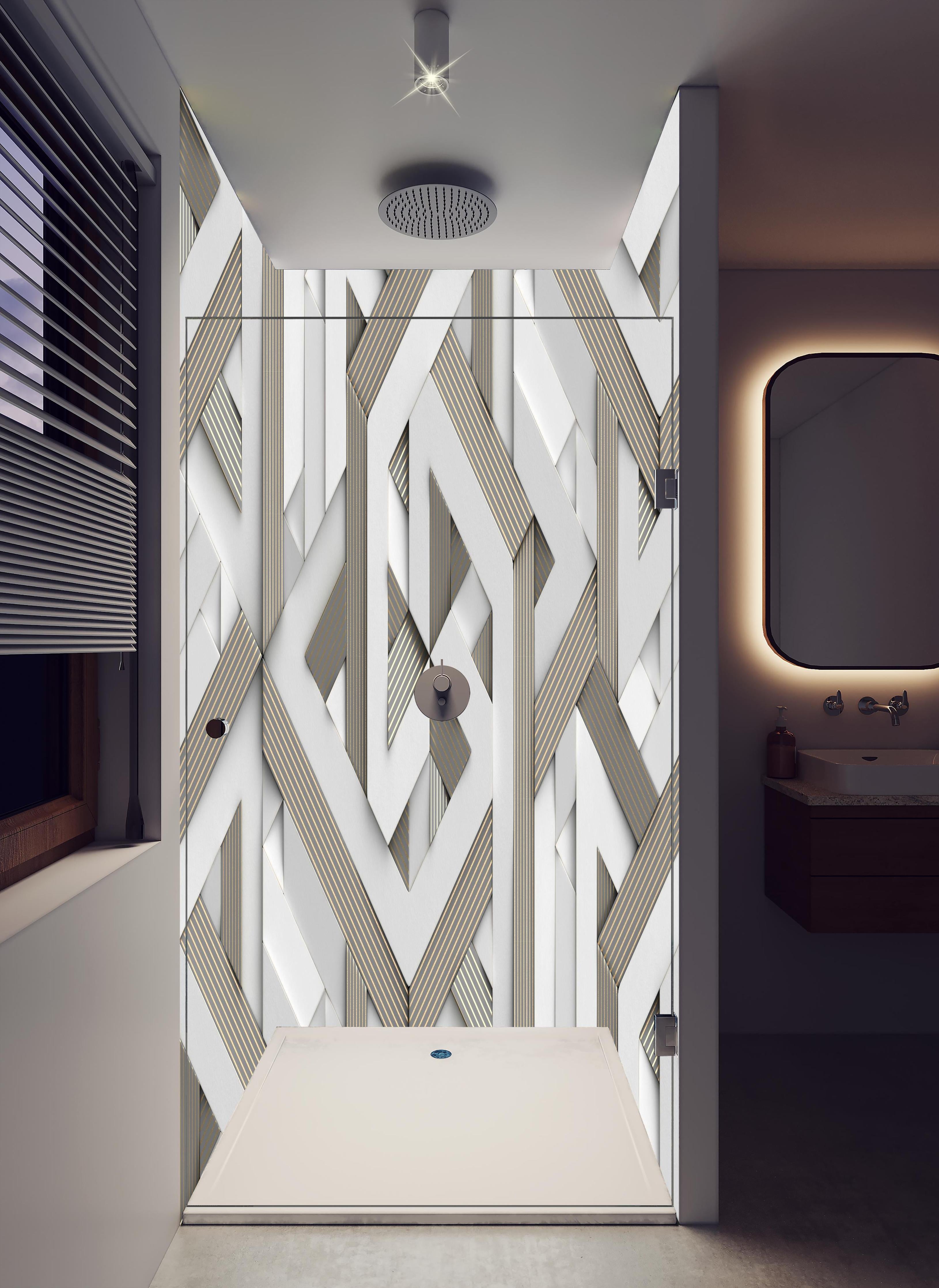 Duschrückwand - Dekoratives Mosaik Muster - 3D in hellem Badezimmer mit Regenduschkopf - zweiteilige Eck-Duschrückwand