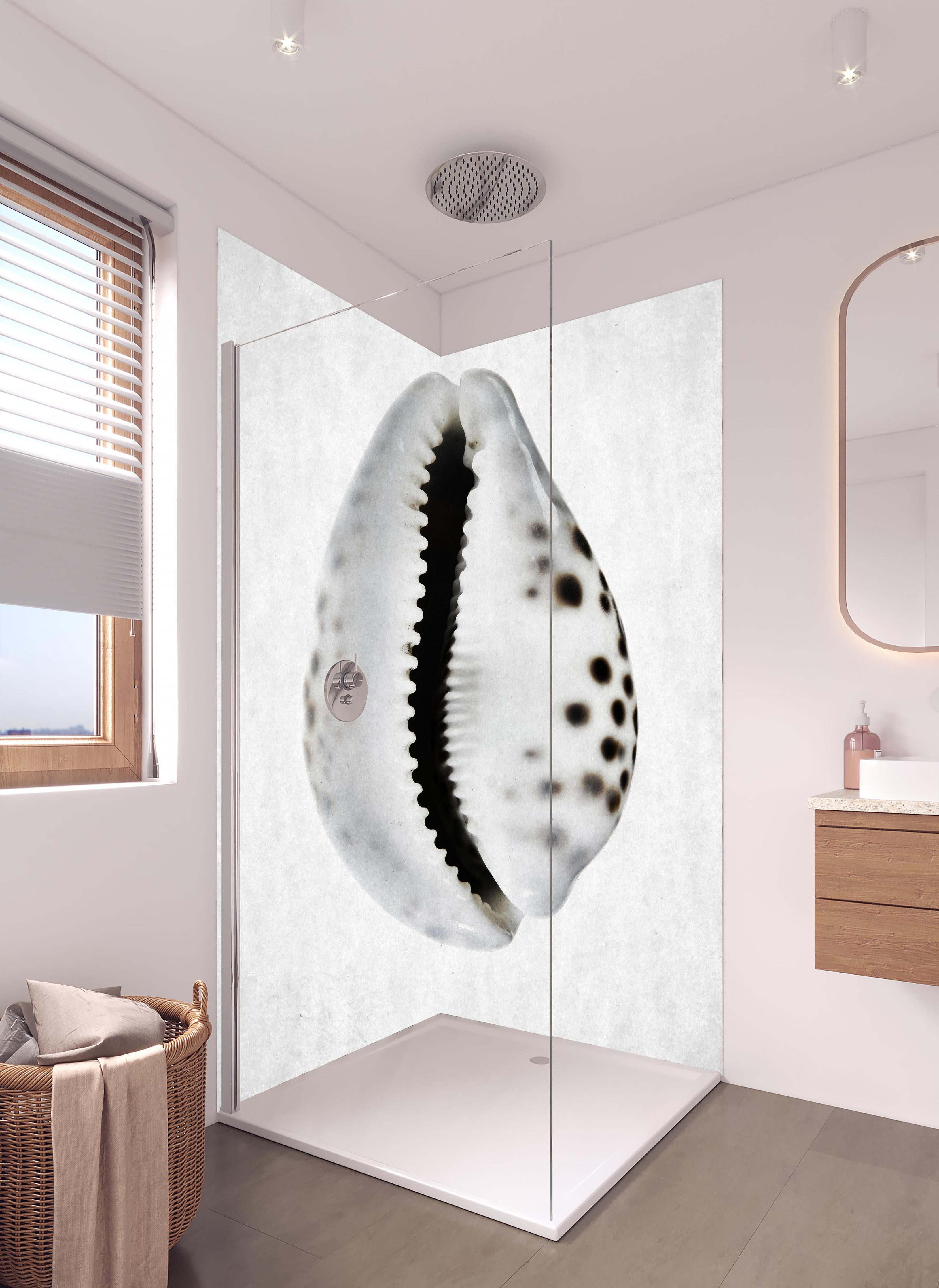 Duschrückwand - Detailbild Weiße Schnecke mit Grau-Sprenkeln in hellem Badezimmer mit Regenduschkopf - zweiteilige Eck-Duschrückwand