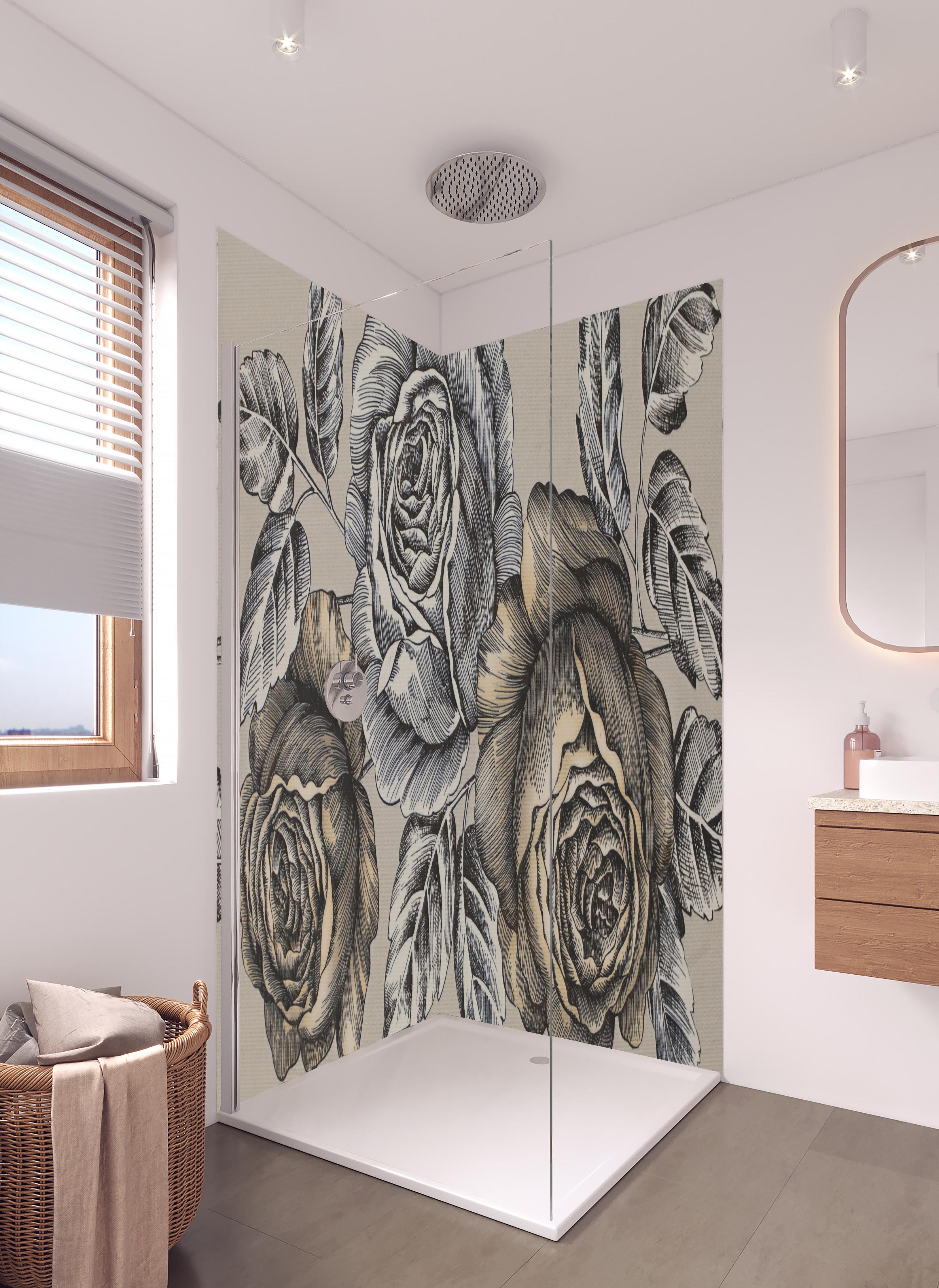 Duschrückwand - Detaillierte Grauton Rosen Illustration in hellem Badezimmer mit Regenduschkopf - zweiteilige Eck-Duschrückwand