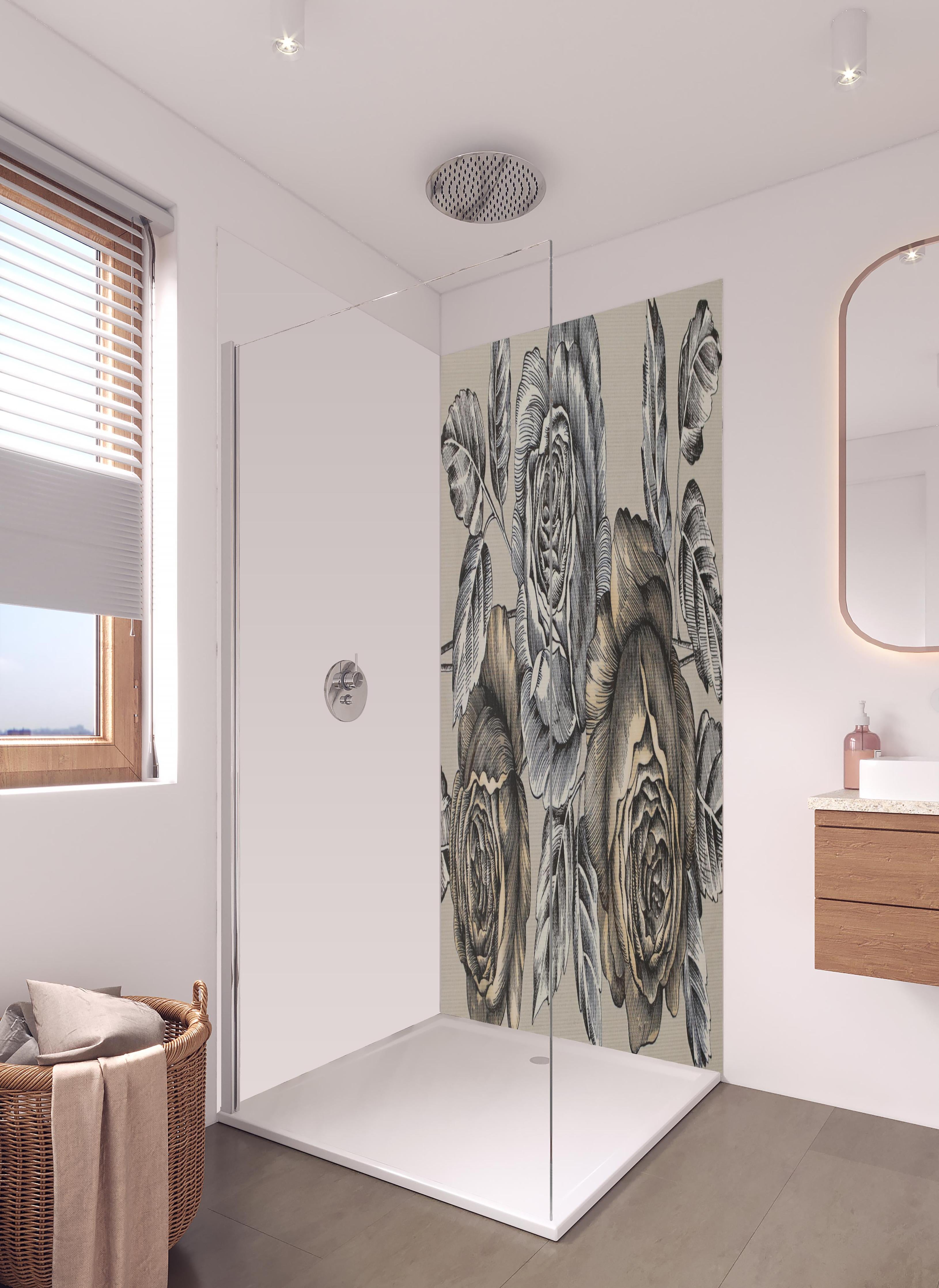 Duschrückwand - Detaillierte Grauton Rosen Illustration in hellem Badezimmer mit Regenduschkopf - zweiteilige Eck-Duschrückwand