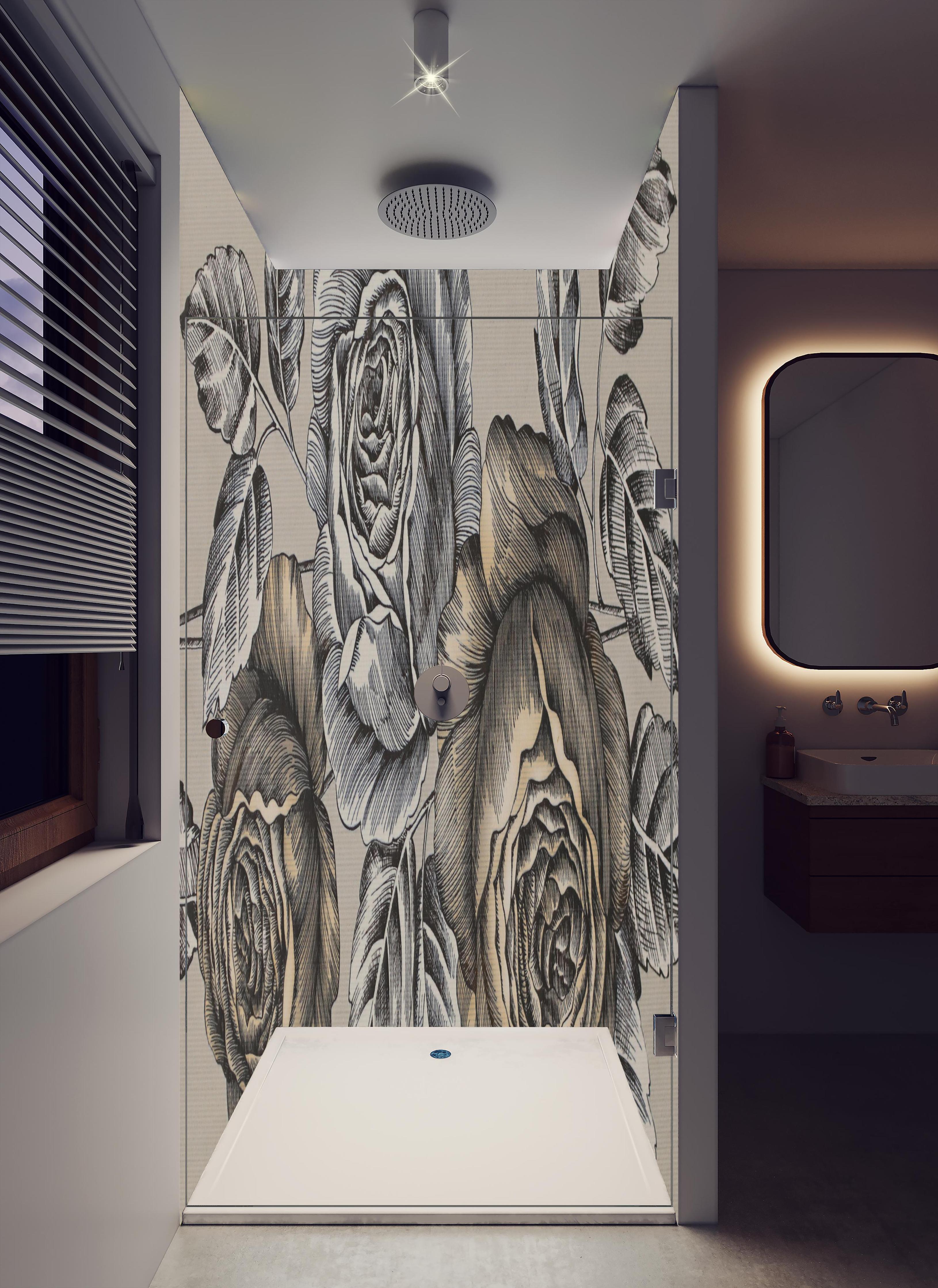 Duschrückwand - Detaillierte Grauton Rosen Illustration in hellem Badezimmer mit Regenduschkopf - zweiteilige Eck-Duschrückwand