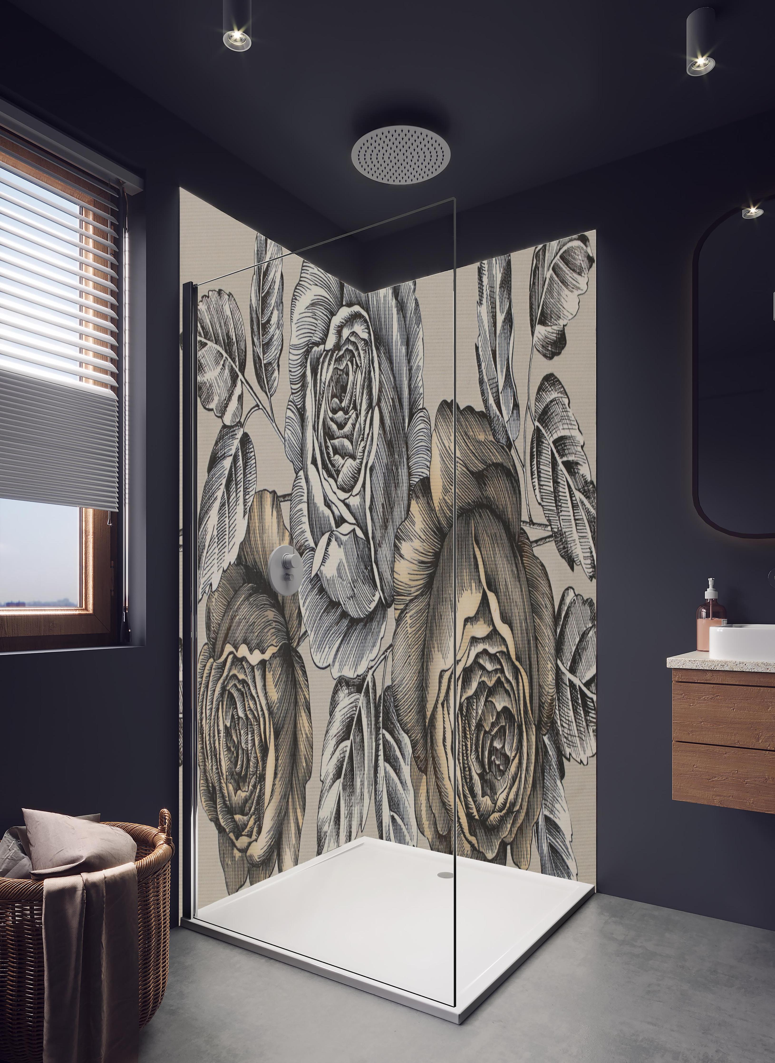 Duschrückwand - Detaillierte Grauton Rosen Illustration in hellem Badezimmer mit Regenduschkopf - zweiteilige Eck-Duschrückwand