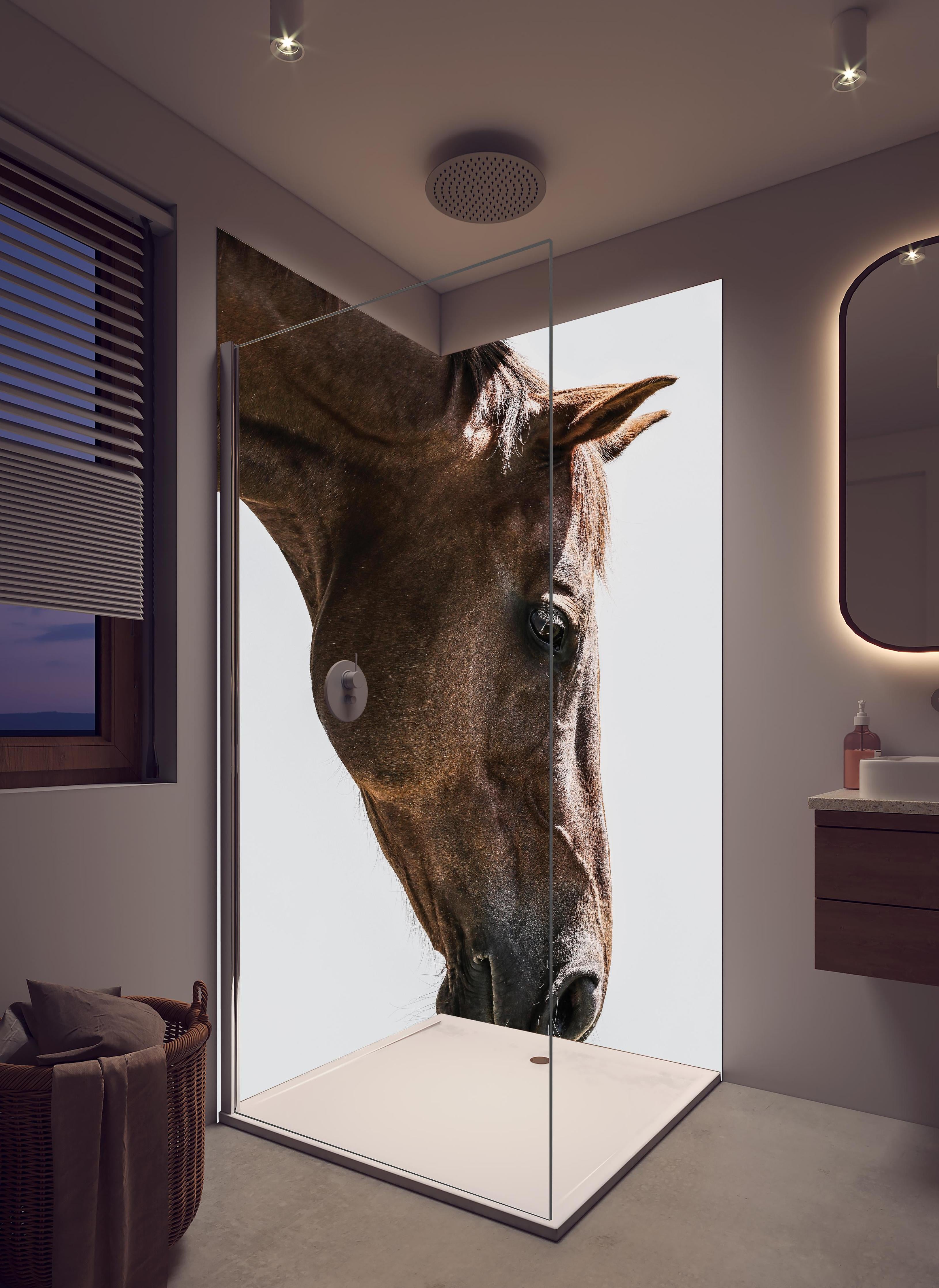 Duschrückwand - Detailreiches Pferdeauge, Makro, Hellbraun in hellem Badezimmer mit Regenduschkopf - zweiteilige Eck-Duschrückwand