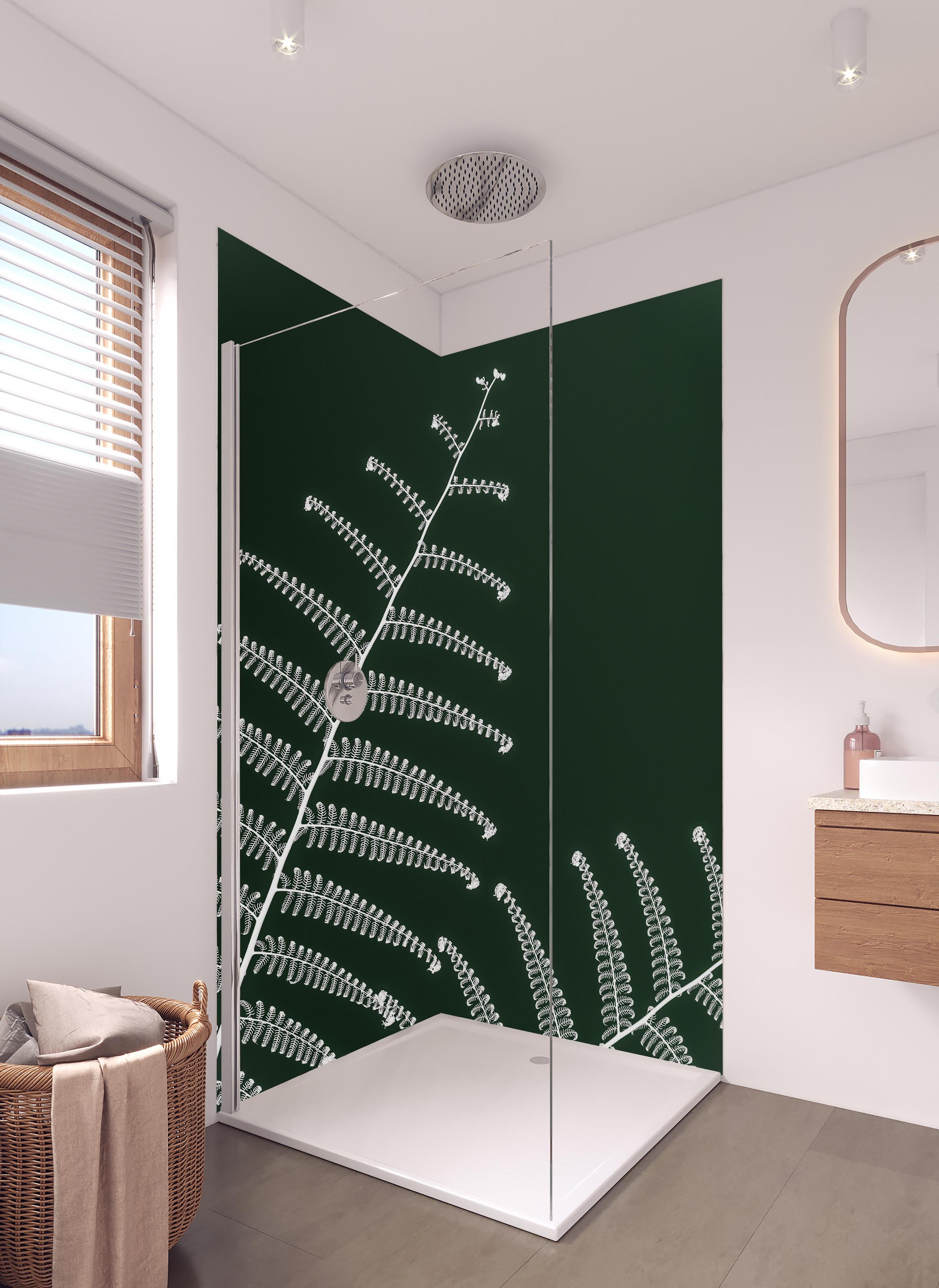 Duschrückwand - Detailreiches, grünes Wald-Farn-Motiv in hellem Badezimmer mit Regenduschkopf - zweiteilige Eck-Duschrückwand