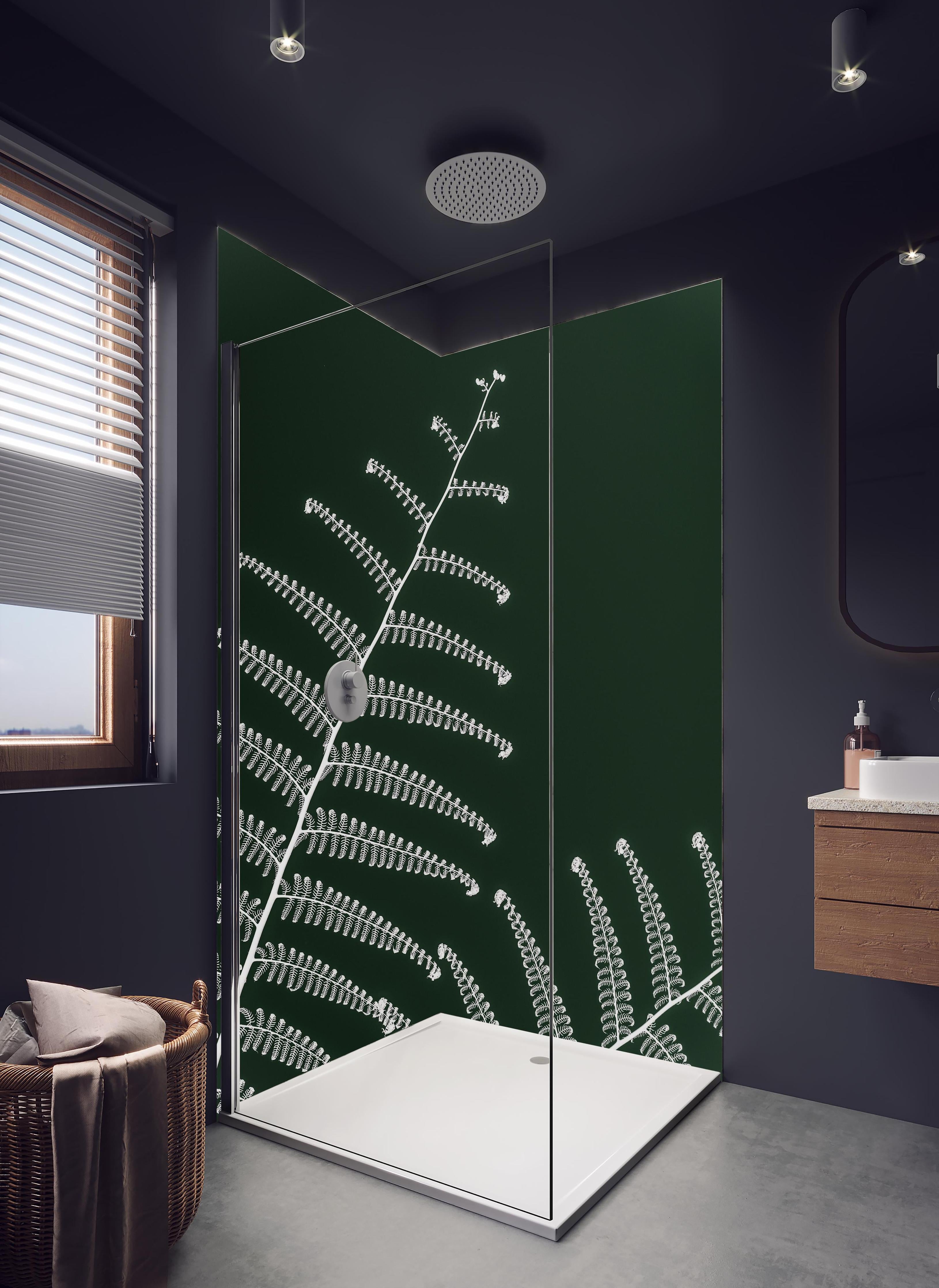 Duschrückwand - Detailreiches, grünes Wald-Farn-Motiv in hellem Badezimmer mit Regenduschkopf - zweiteilige Eck-Duschrückwand