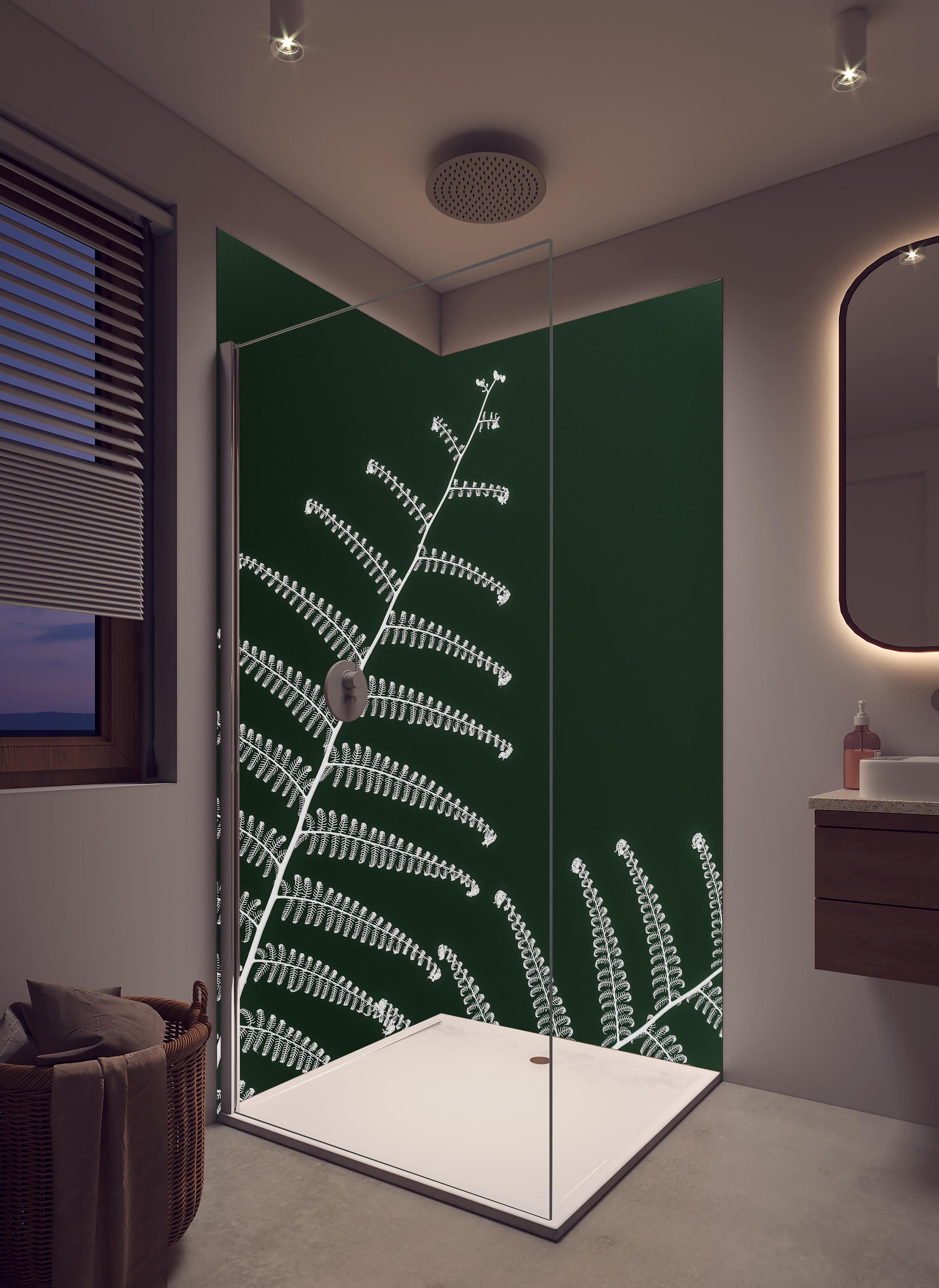 Duschrückwand - Detailreiches, grünes Wald-Farn-Motiv in hellem Badezimmer mit Regenduschkopf - zweiteilige Eck-Duschrückwand