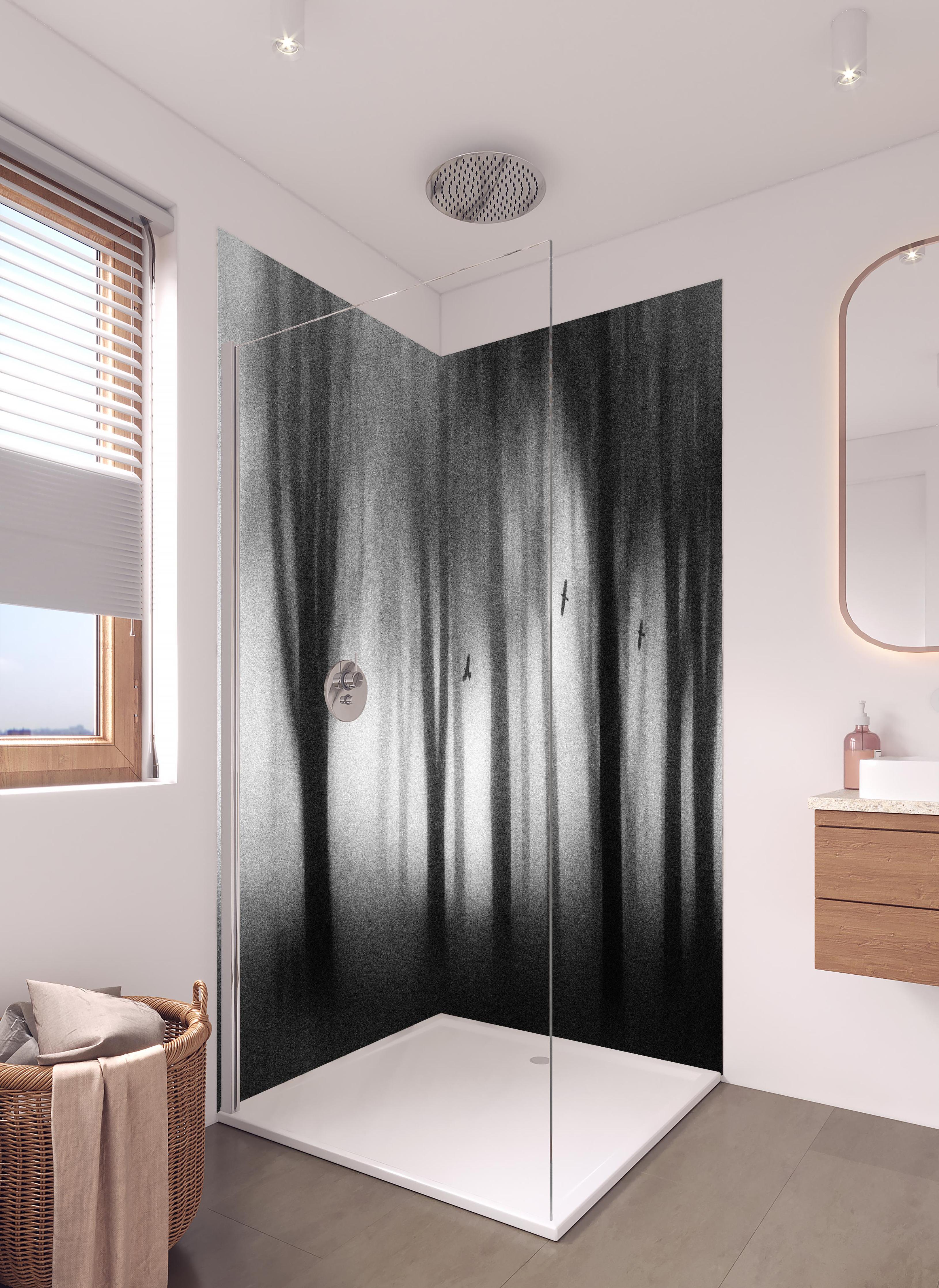 Duschrückwand - Dichter Nebel in hellem Badezimmer mit Regenduschkopf - zweiteilige Eck-Duschrückwand