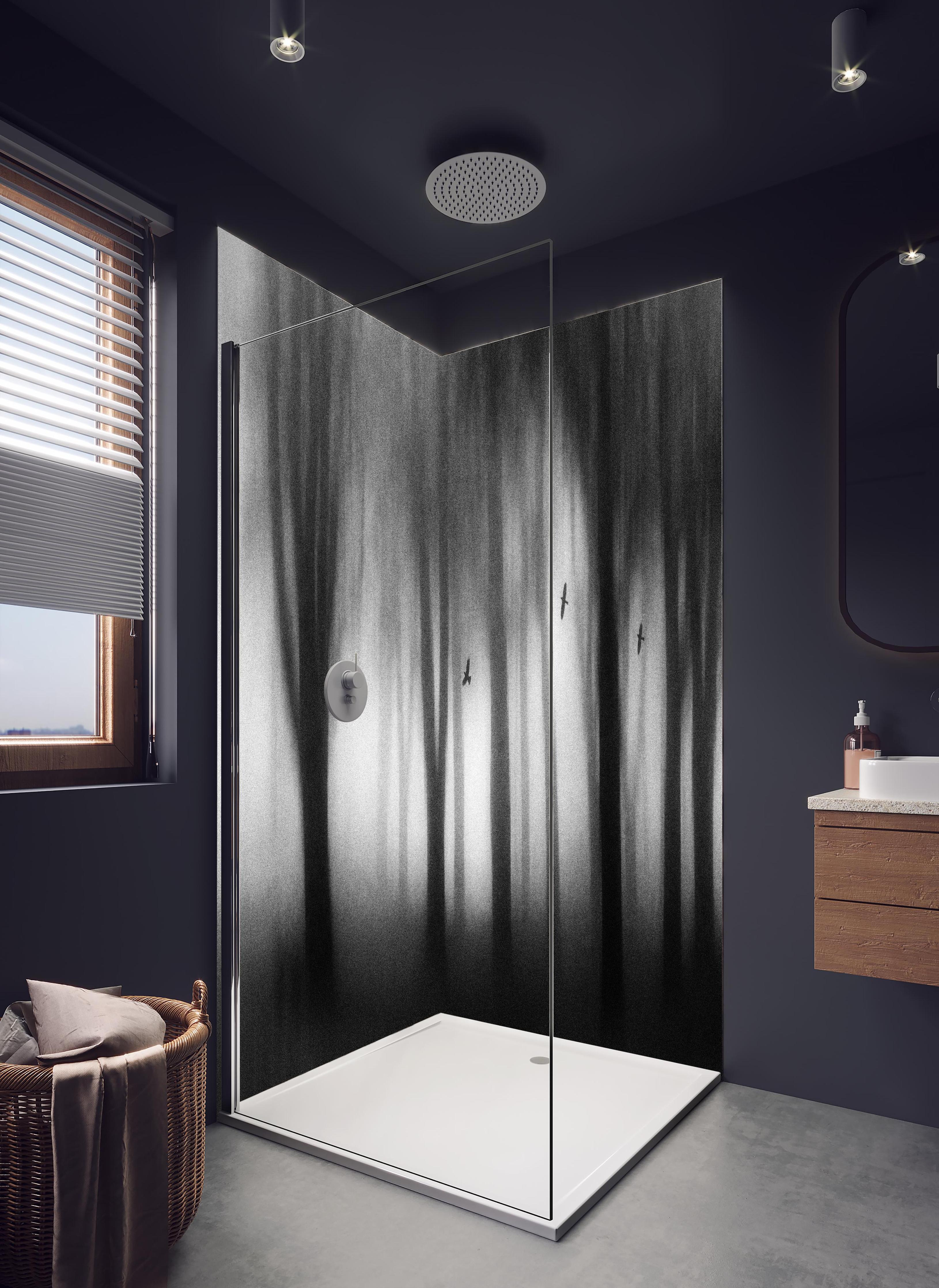 Duschrückwand - Dichter Nebel in hellem Badezimmer mit Regenduschkopf - zweiteilige Eck-Duschrückwand