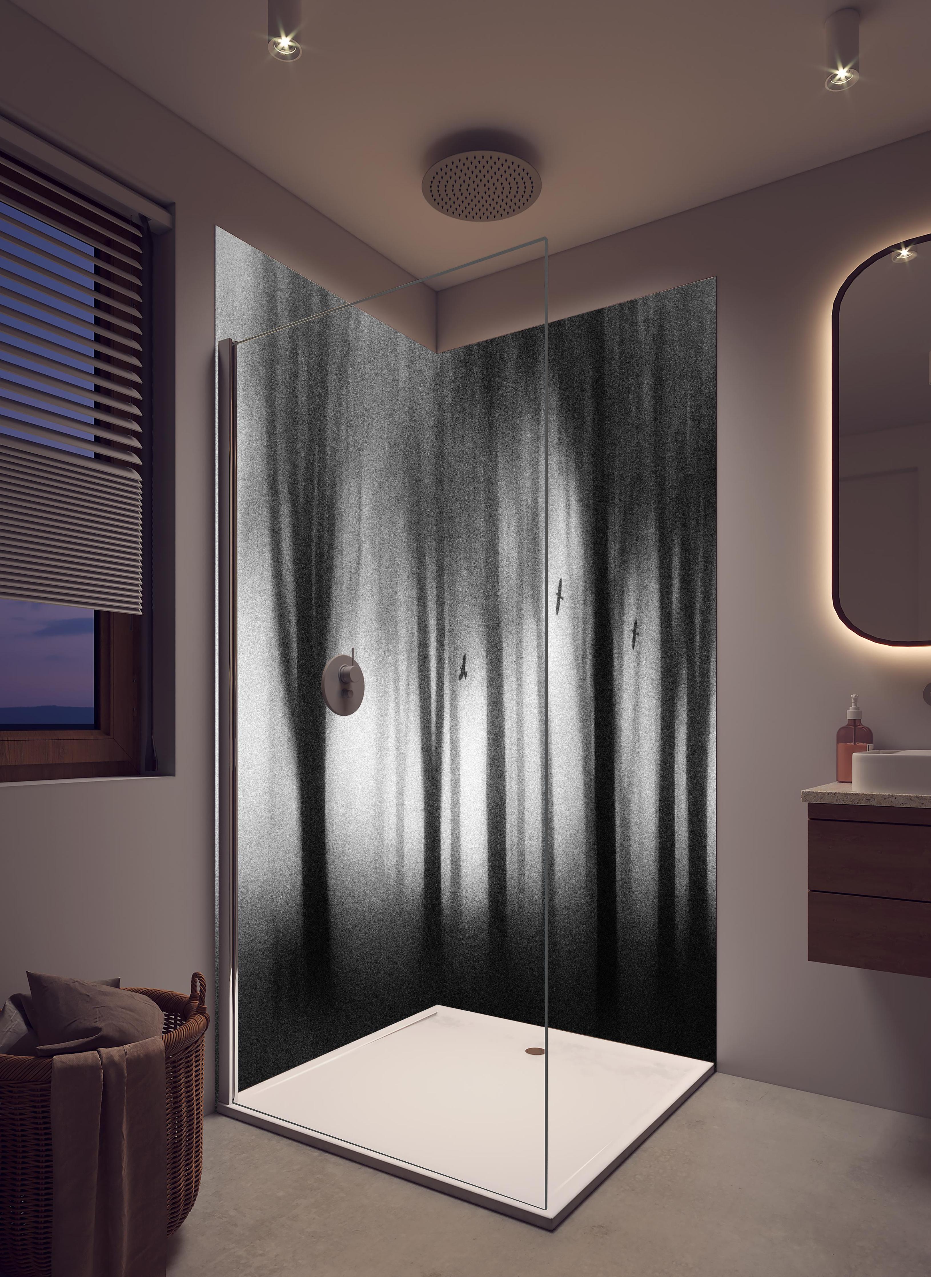 Duschrückwand - Dichter Nebel in hellem Badezimmer mit Regenduschkopf - zweiteilige Eck-Duschrückwand