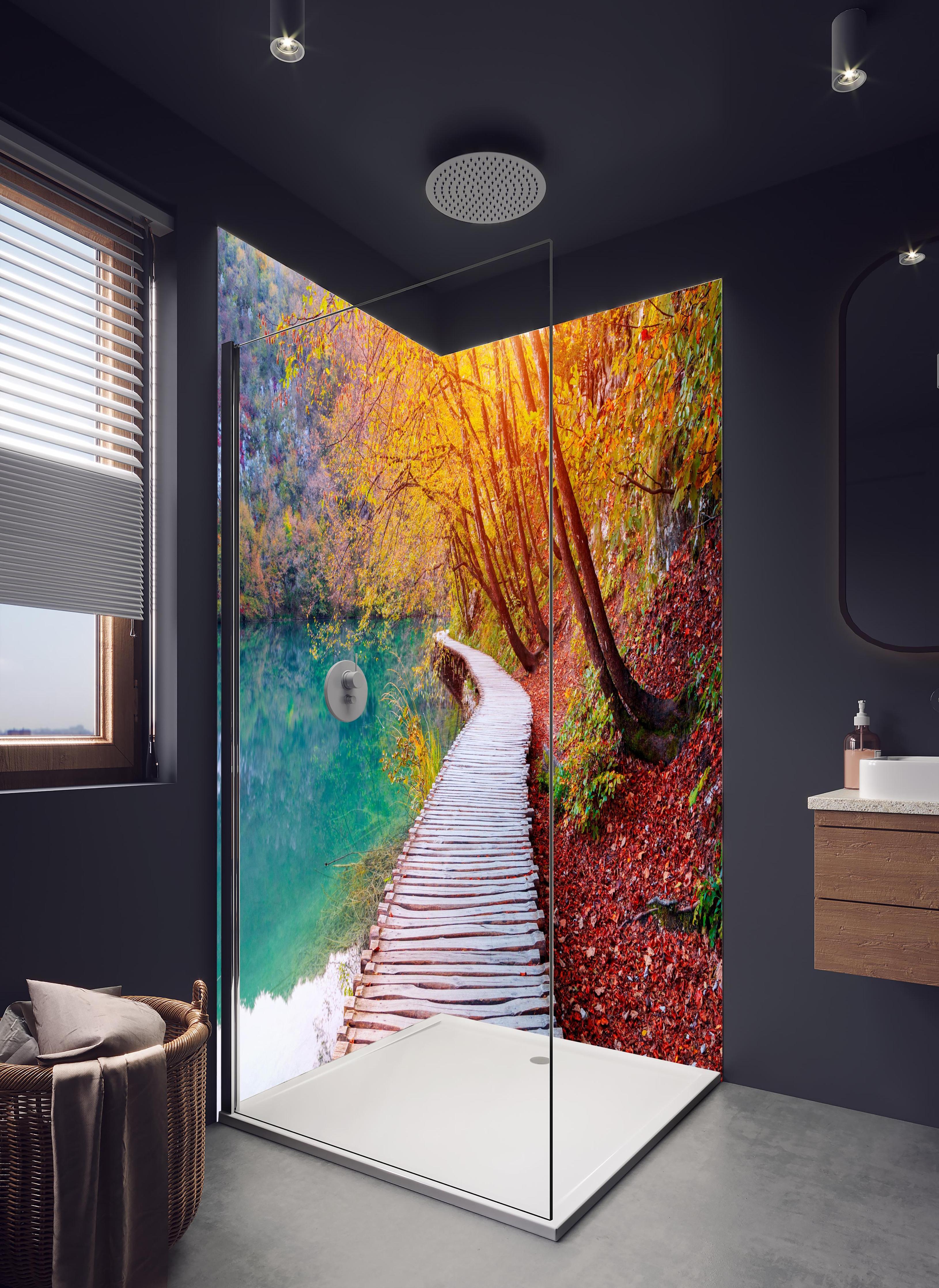 Duschrückwand - Die berühmten Plitvicer Seen im Herbst in hellem Badezimmer mit Regenduschkopf - zweiteilige Eck-Duschrückwand