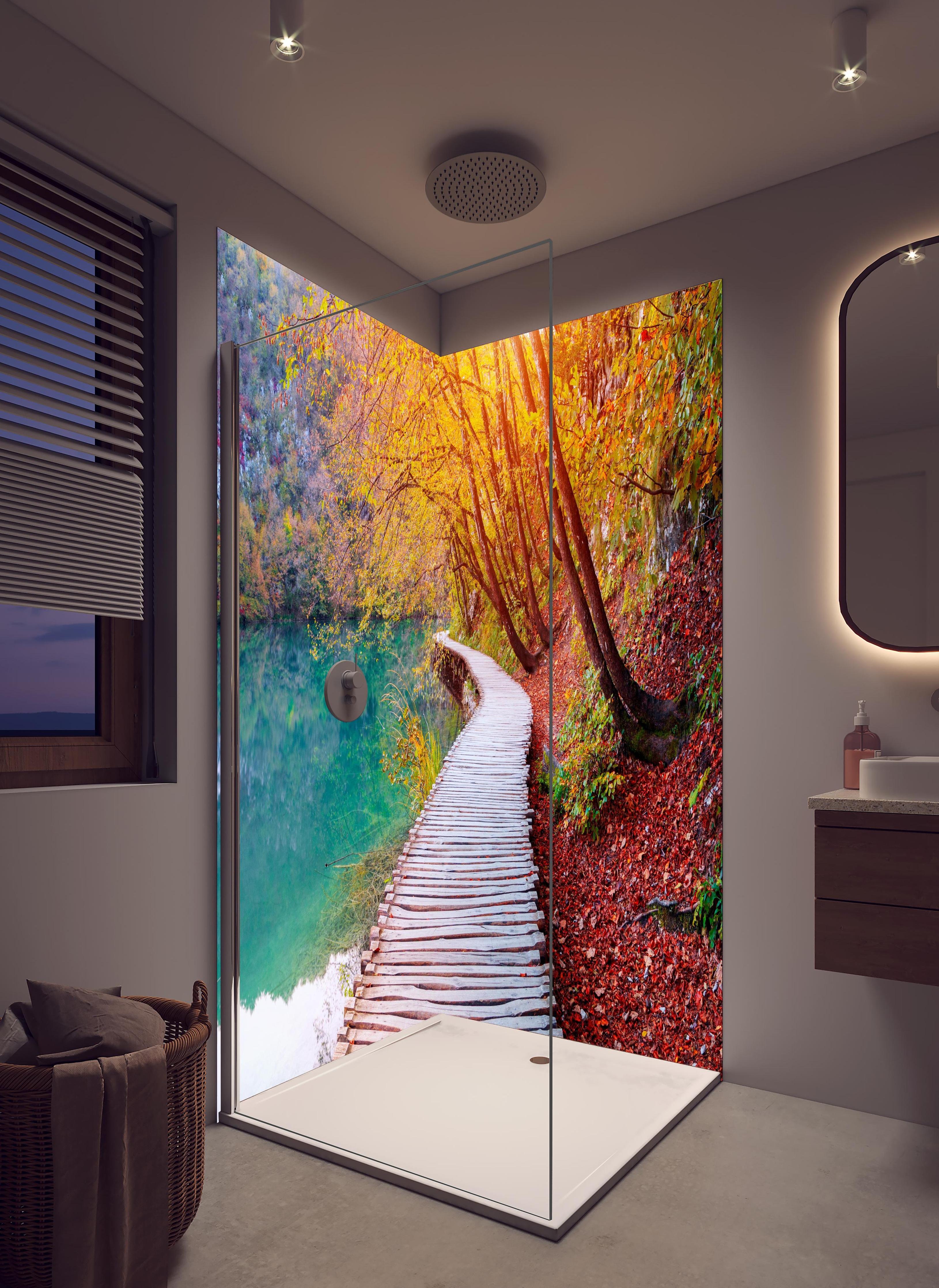 Duschrückwand - Die berühmten Plitvicer Seen im Herbst in hellem Badezimmer mit Regenduschkopf - zweiteilige Eck-Duschrückwand