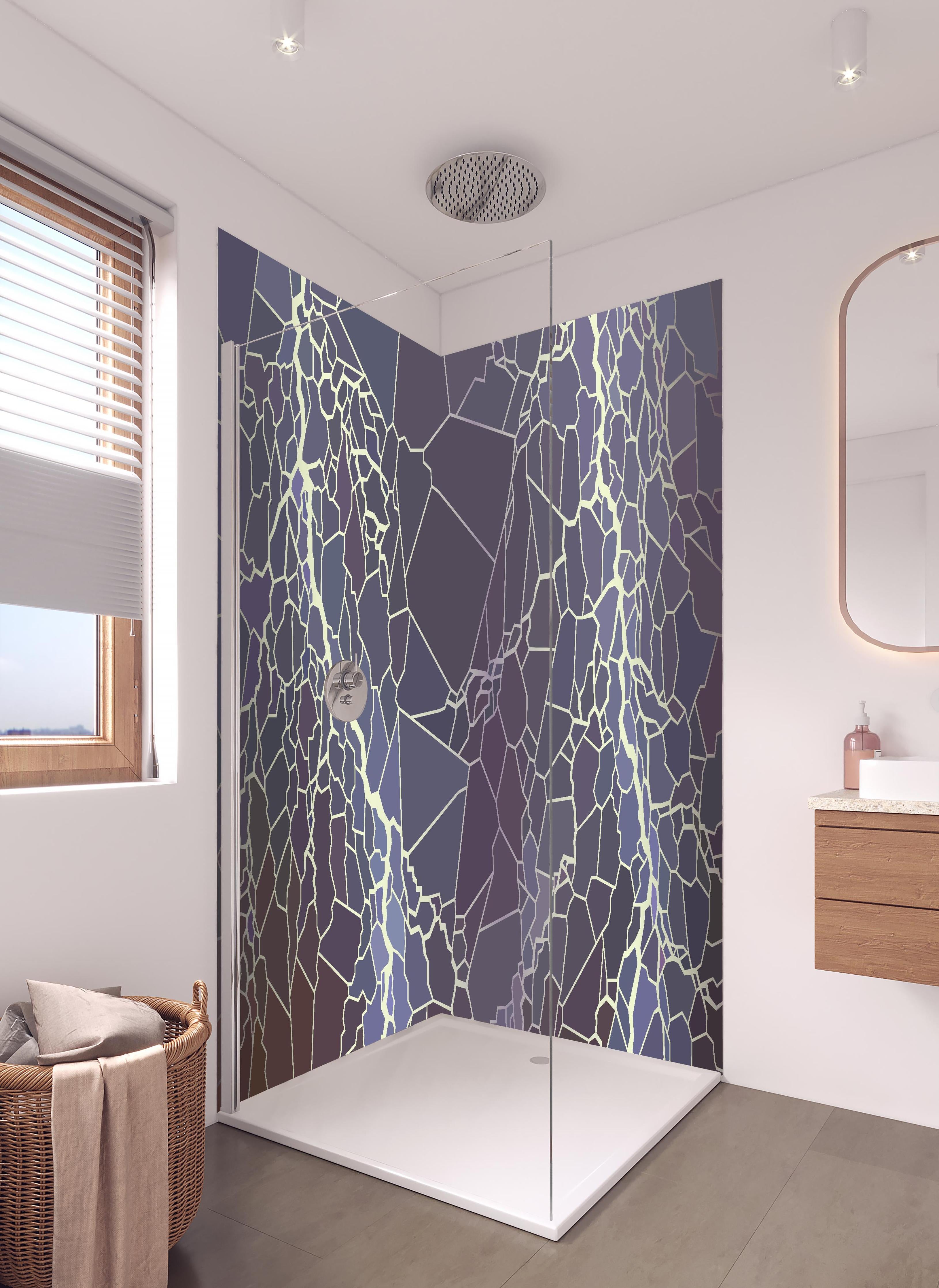 Duschrückwand - Digital Art Blau-Violettes Muster Design in hellem Badezimmer mit Regenduschkopf - zweiteilige Eck-Duschrückwand