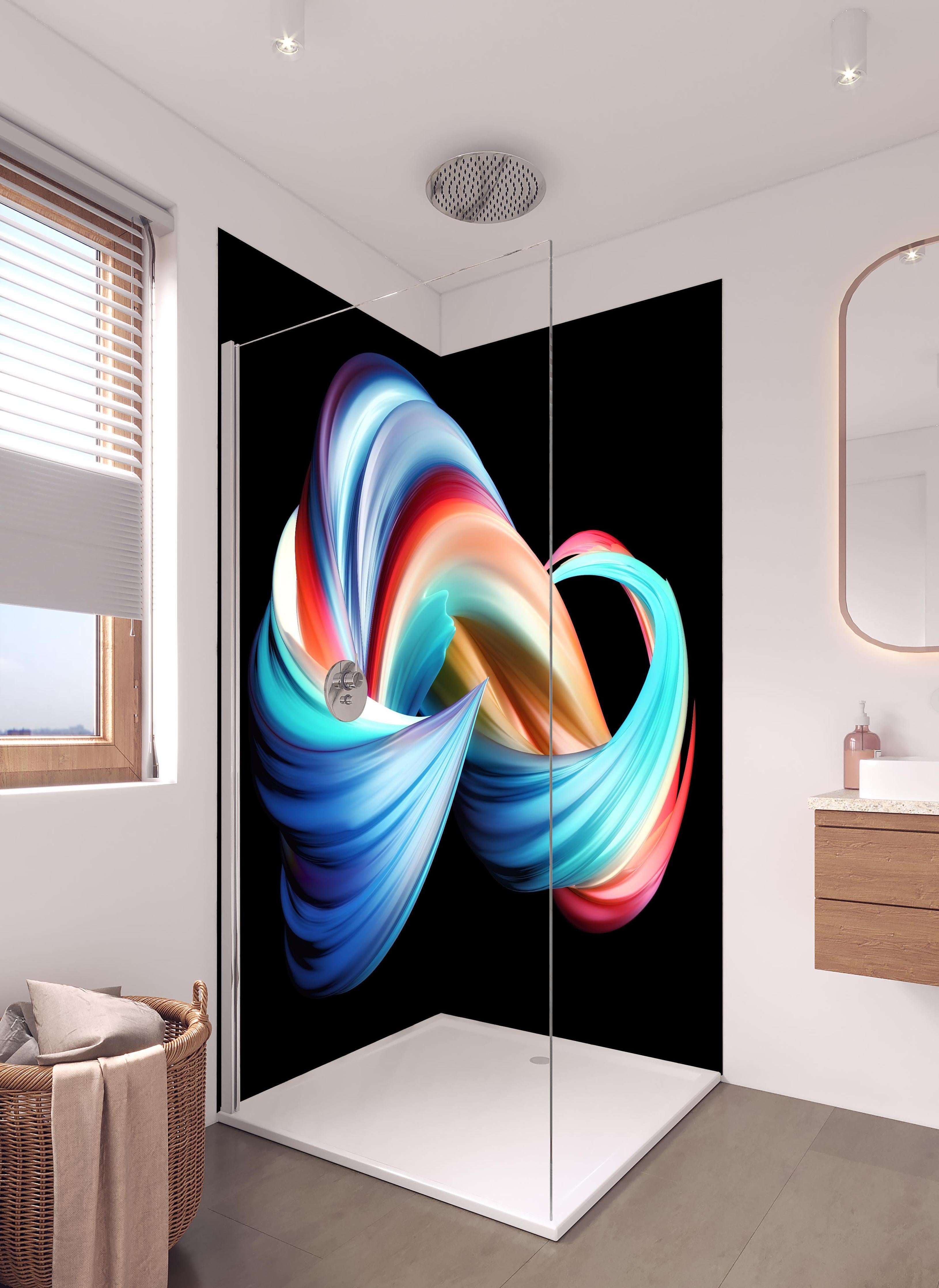 Duschrückwand - Digitale Kunst - 3D in hellem Badezimmer mit Regenduschkopf - zweiteilige Eck-Duschrückwand