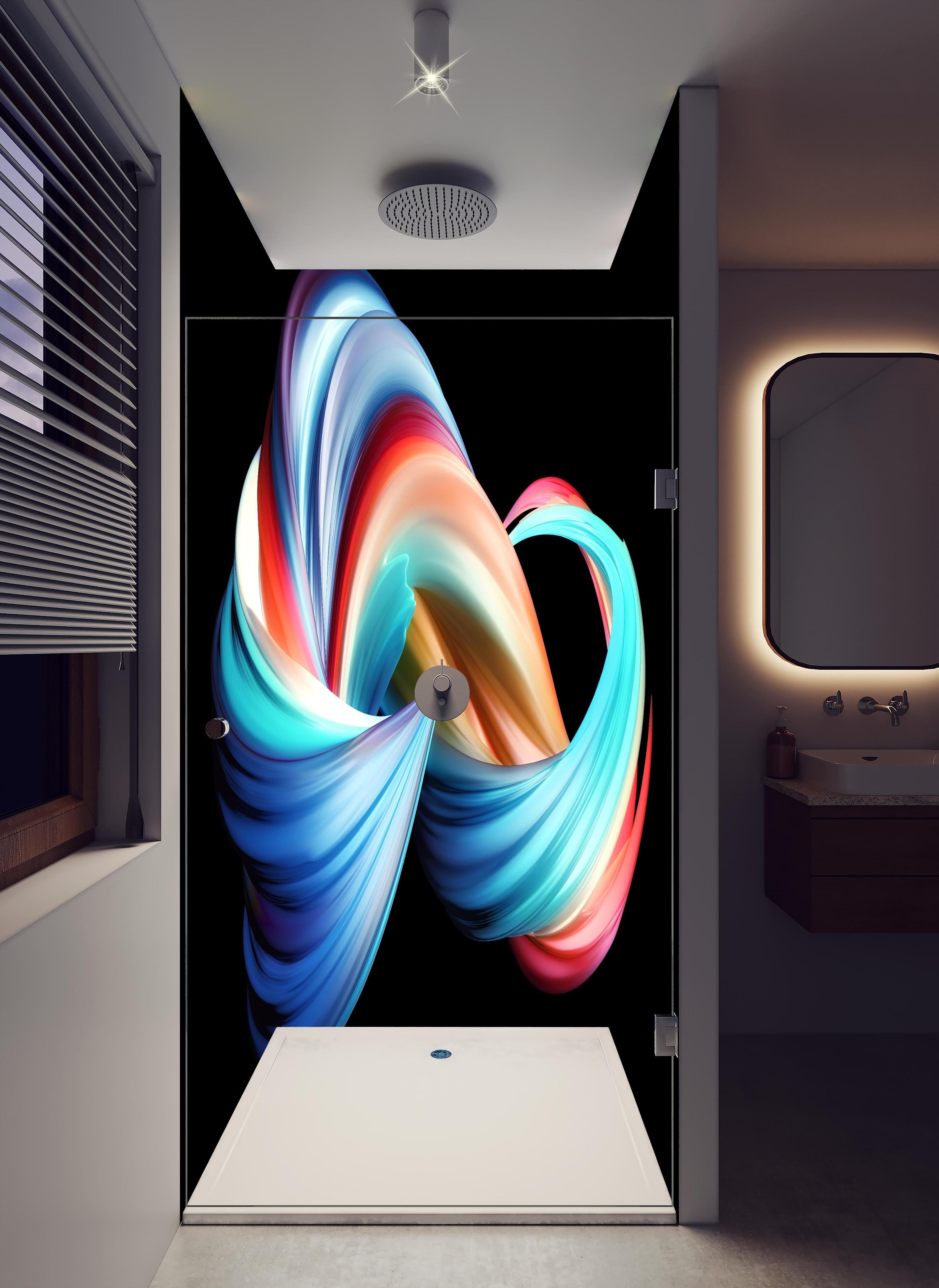 Duschrückwand - Digitale Kunst - 3D in hellem Badezimmer mit Regenduschkopf - zweiteilige Eck-Duschrückwand