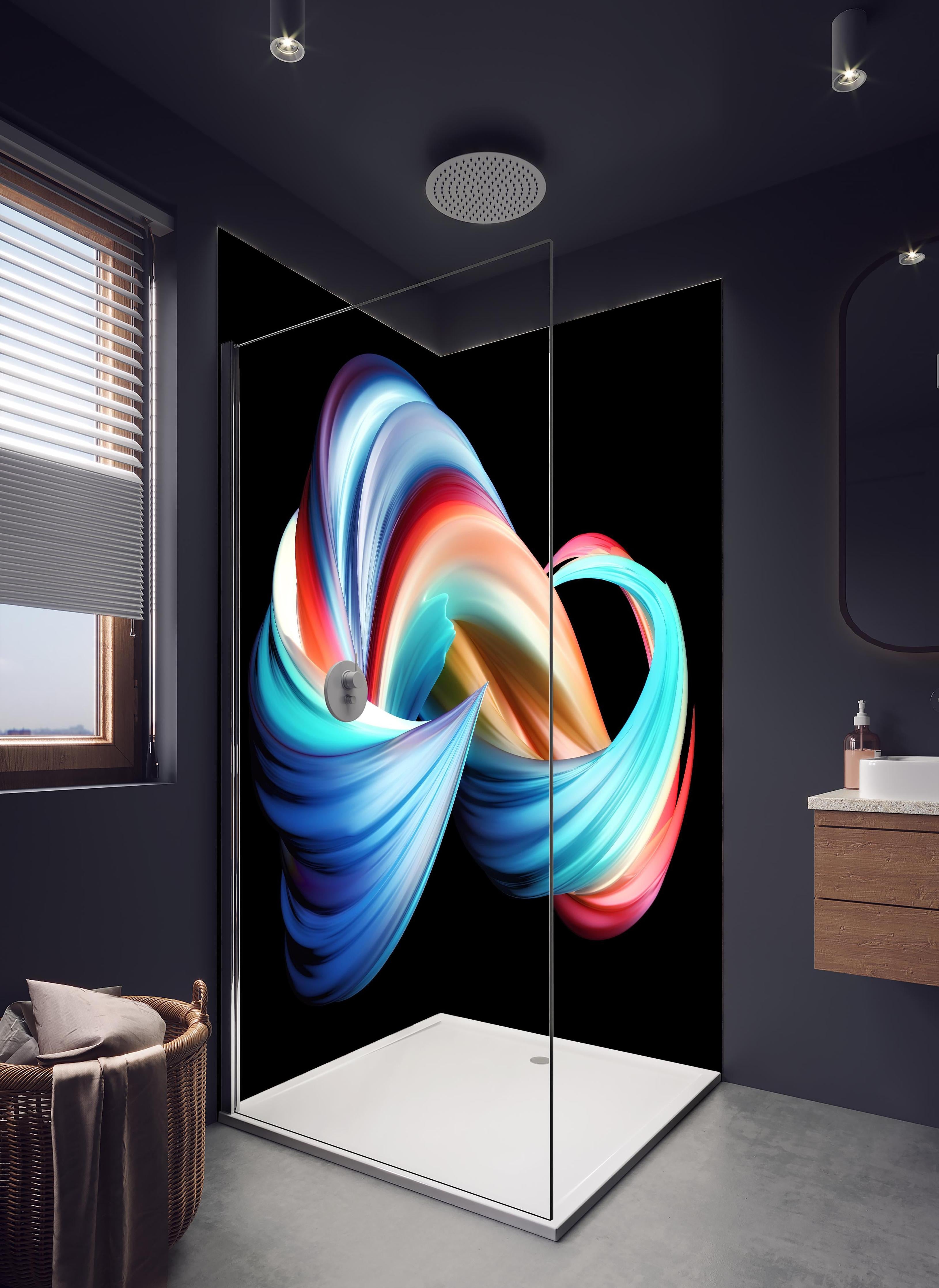 Duschrückwand - Digitale Kunst - 3D in hellem Badezimmer mit Regenduschkopf - zweiteilige Eck-Duschrückwand