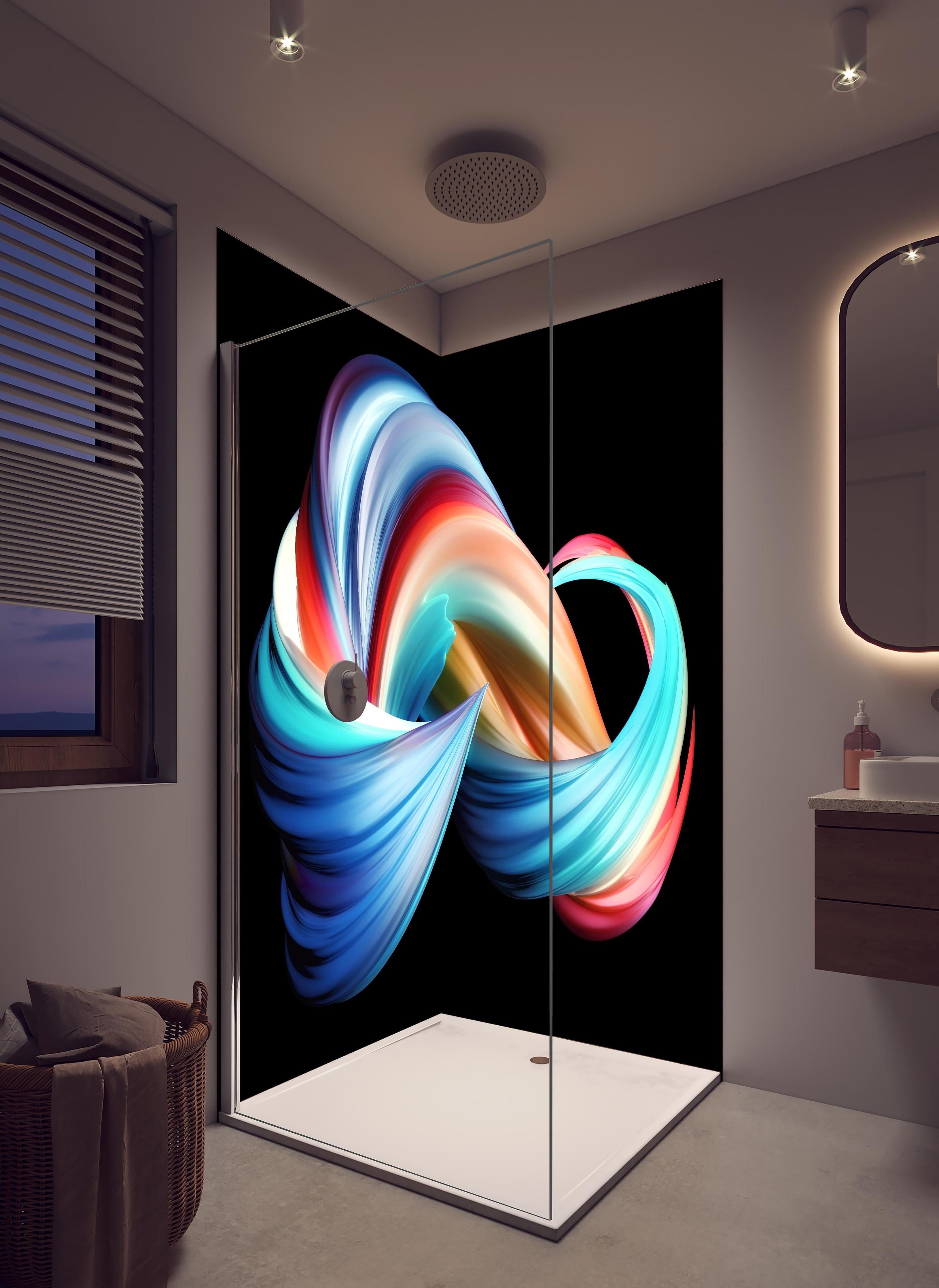Duschrückwand - Digitale Kunst - 3D in hellem Badezimmer mit Regenduschkopf - zweiteilige Eck-Duschrückwand