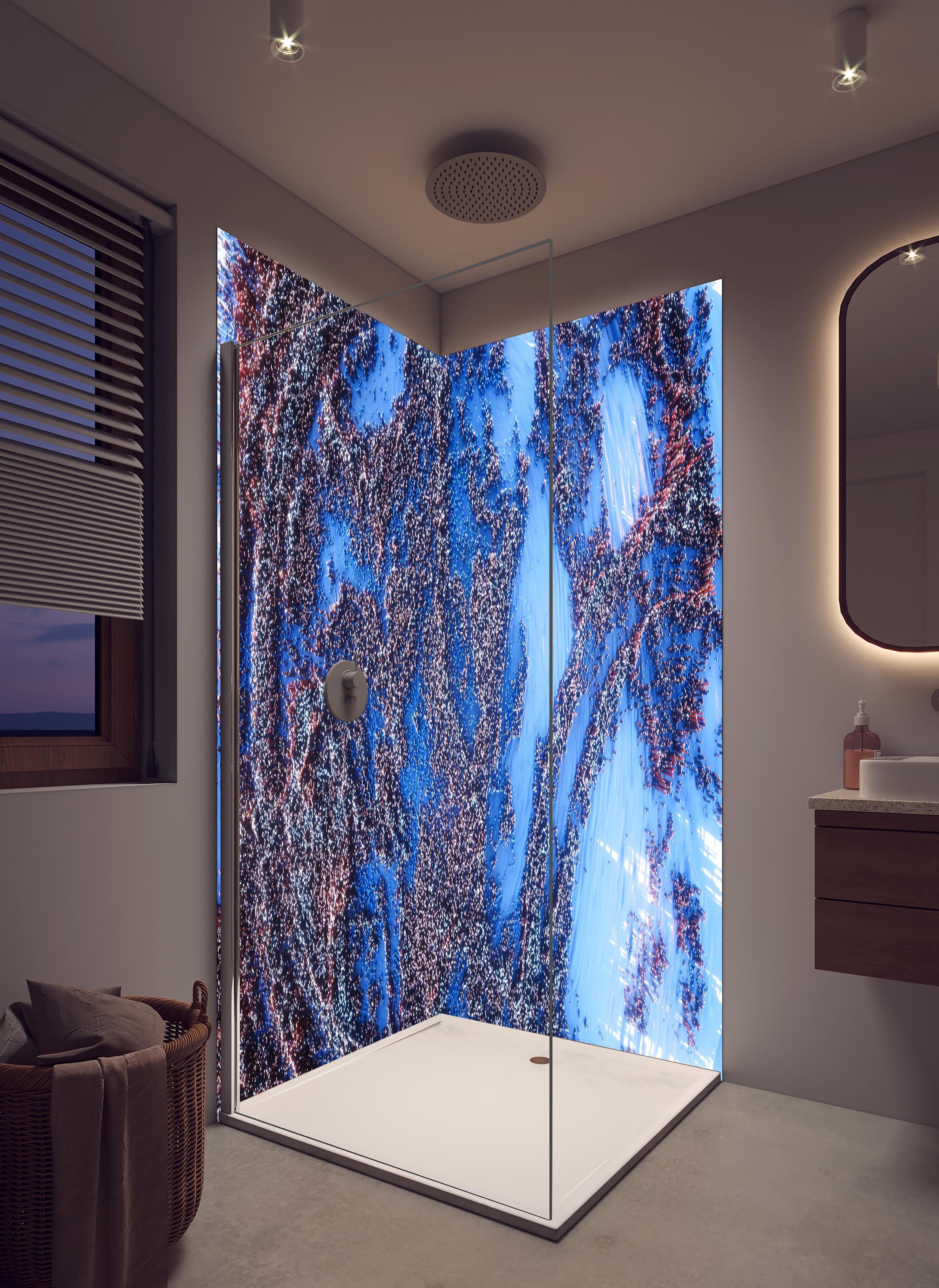 Duschrückwand - Digitale abstrakte 3D Topografie Kunst in hellem Badezimmer mit Regenduschkopf - zweiteilige Eck-Duschrückwand
