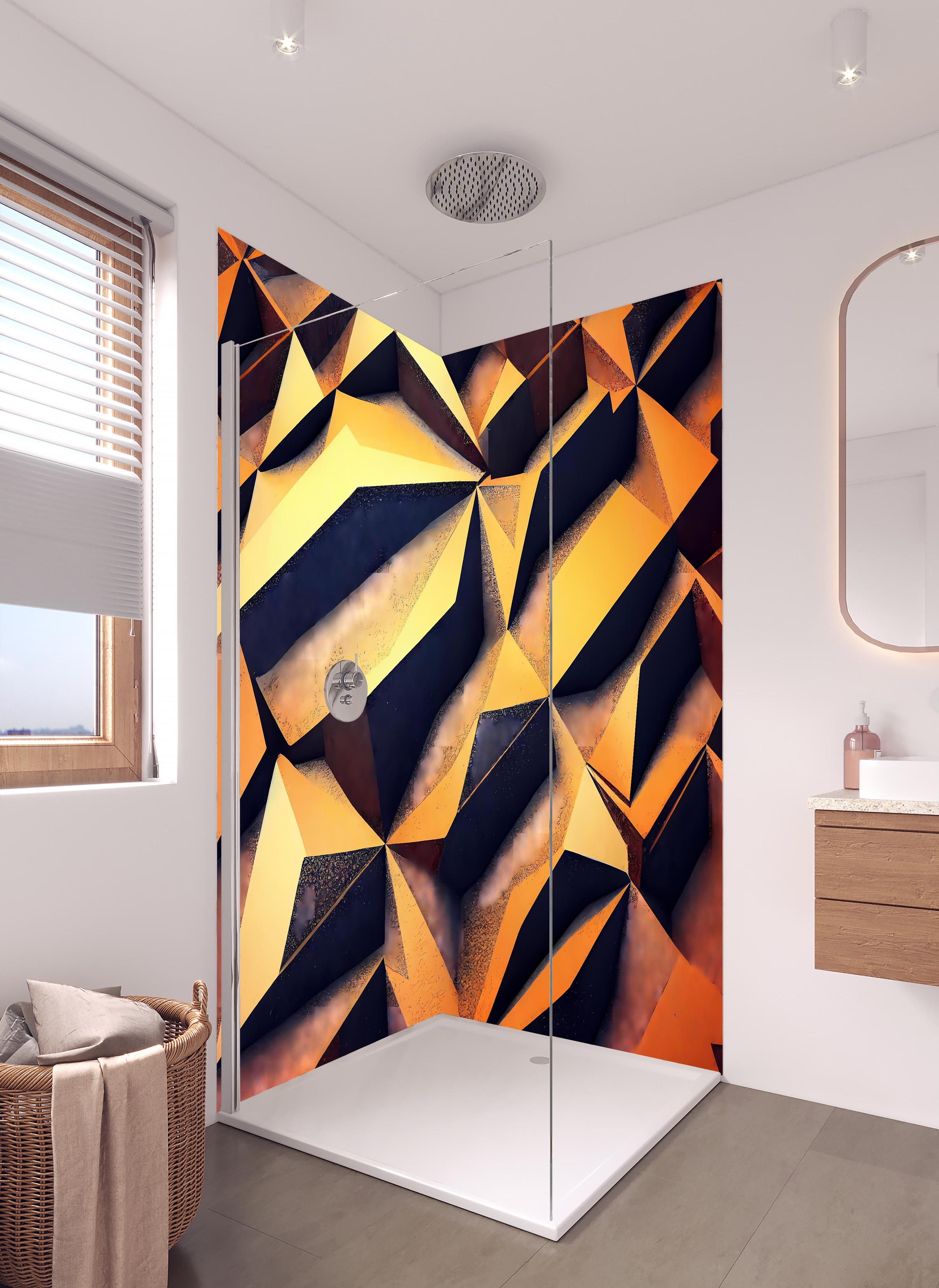 Duschrückwand - Digitales, goldenes Muster in hellem Badezimmer mit Regenduschkopf - zweiteilige Eck-Duschrückwand