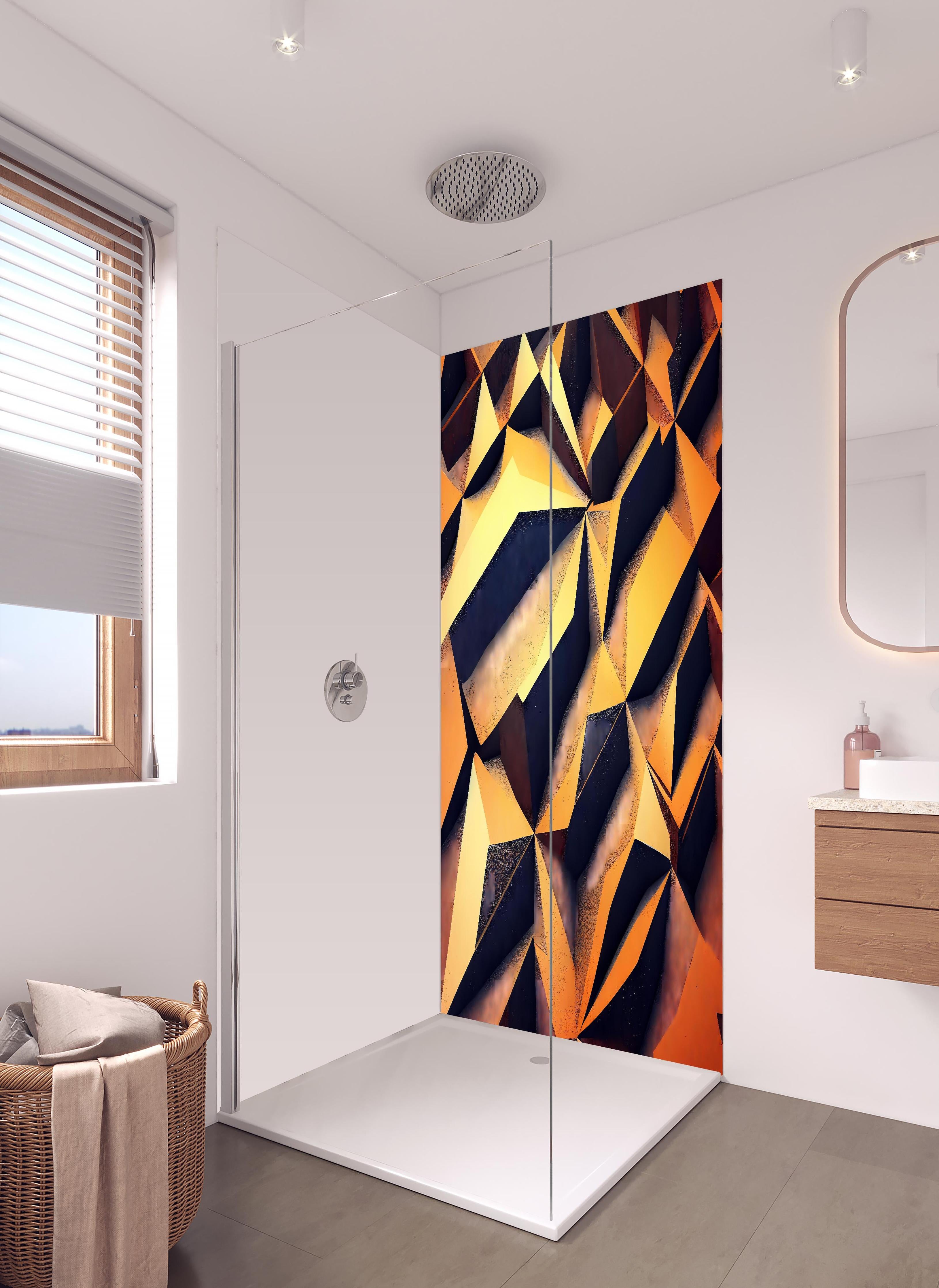 Duschrückwand - Digitales, goldenes Muster in hellem Badezimmer mit Regenduschkopf - zweiteilige Eck-Duschrückwand