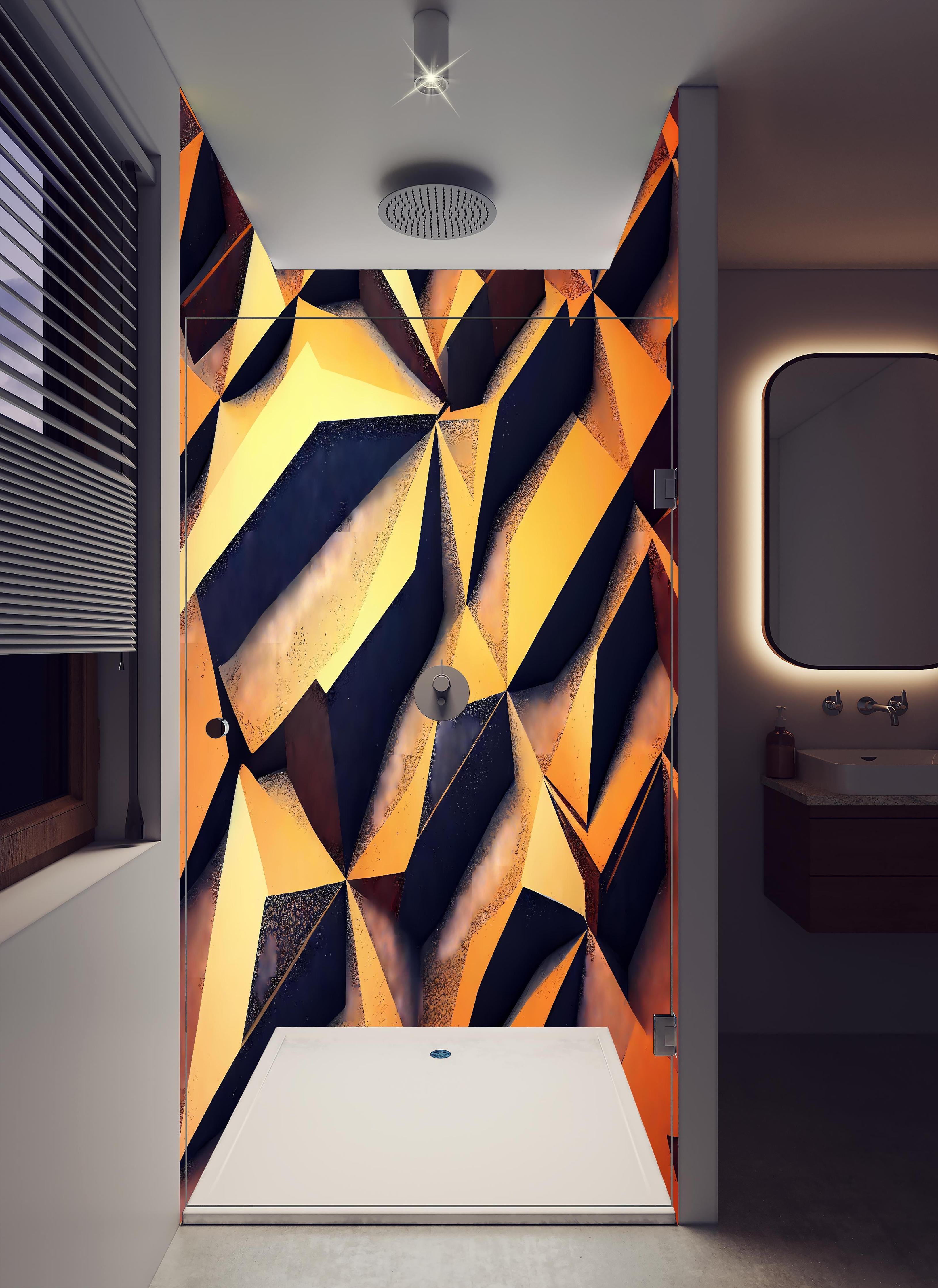 Duschrückwand - Digitales, goldenes Muster in hellem Badezimmer mit Regenduschkopf - zweiteilige Eck-Duschrückwand