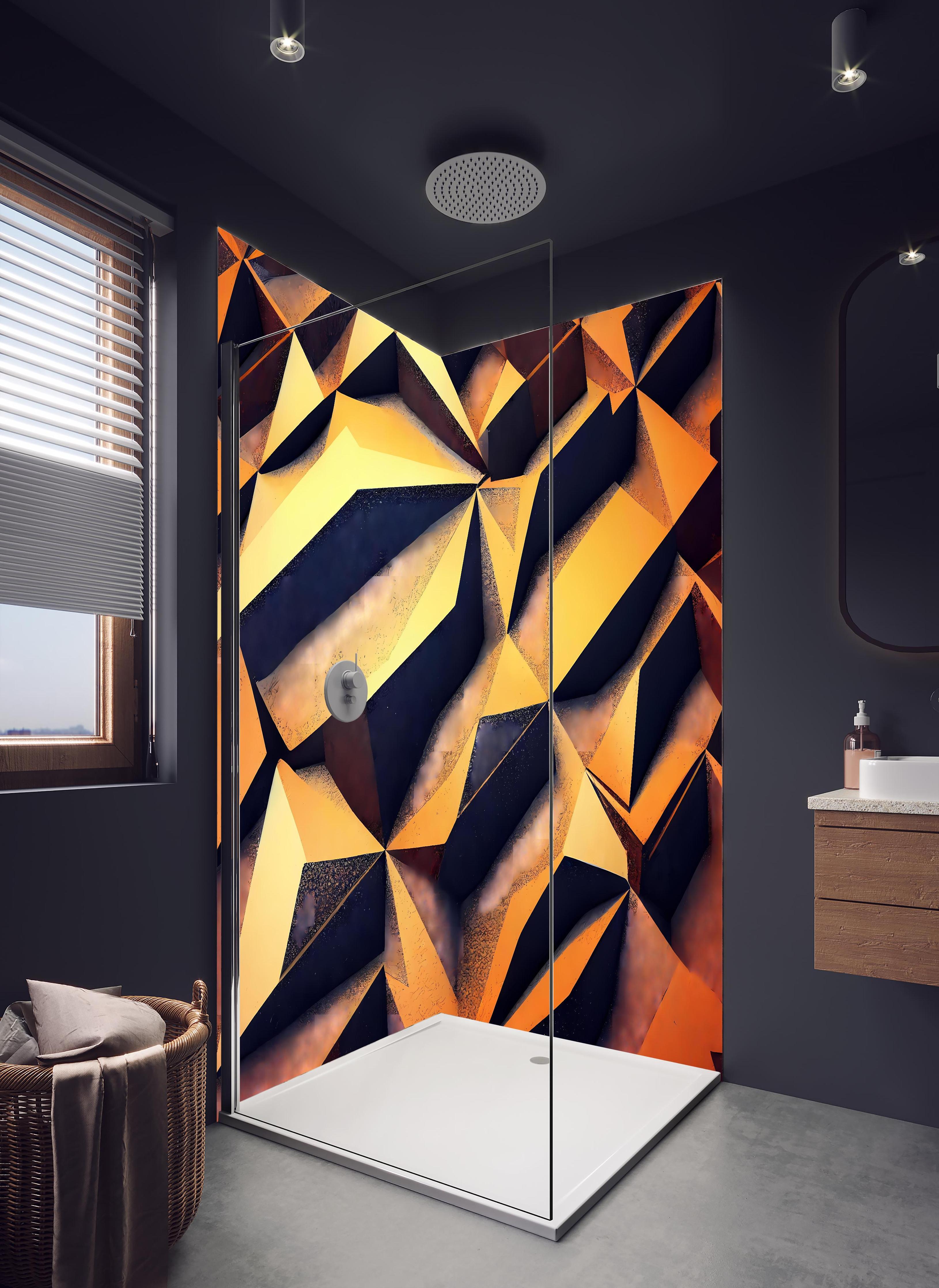 Duschrückwand - Digitales, goldenes Muster in hellem Badezimmer mit Regenduschkopf - zweiteilige Eck-Duschrückwand