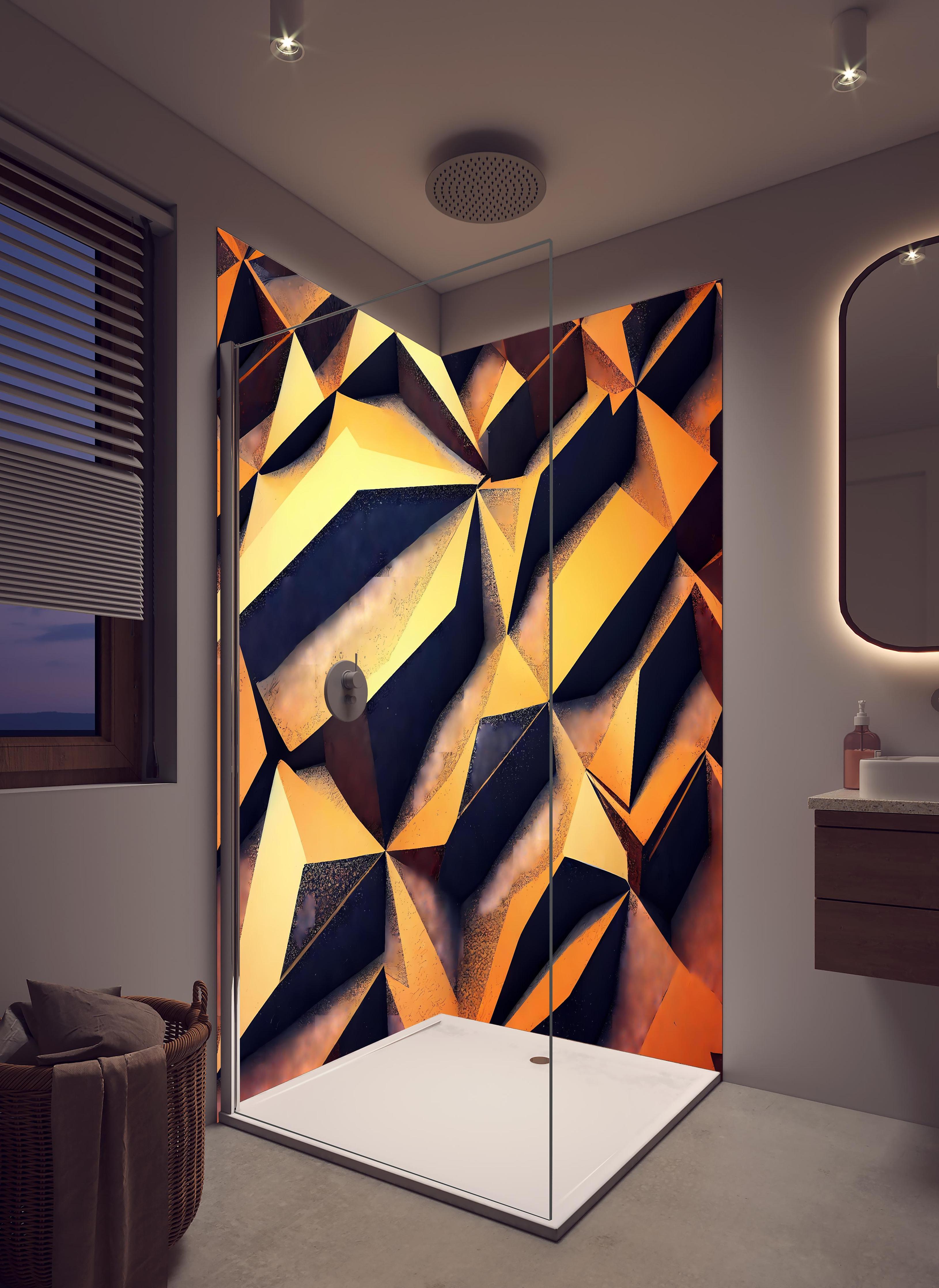 Duschrückwand - Digitales, goldenes Muster in hellem Badezimmer mit Regenduschkopf - zweiteilige Eck-Duschrückwand