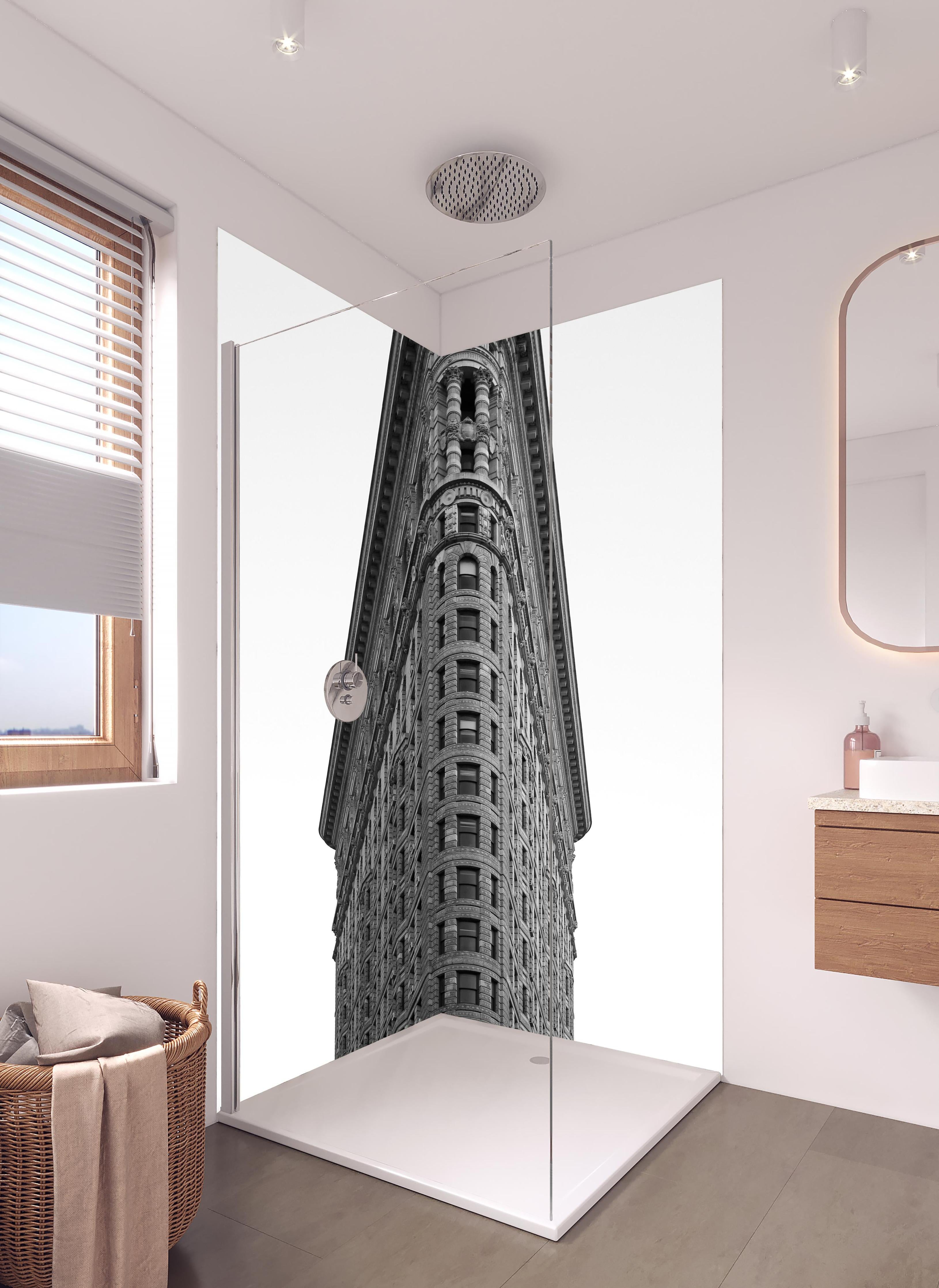 Duschrückwand - Down Town in hellem Badezimmer mit Regenduschkopf - zweiteilige Eck-Duschrückwand