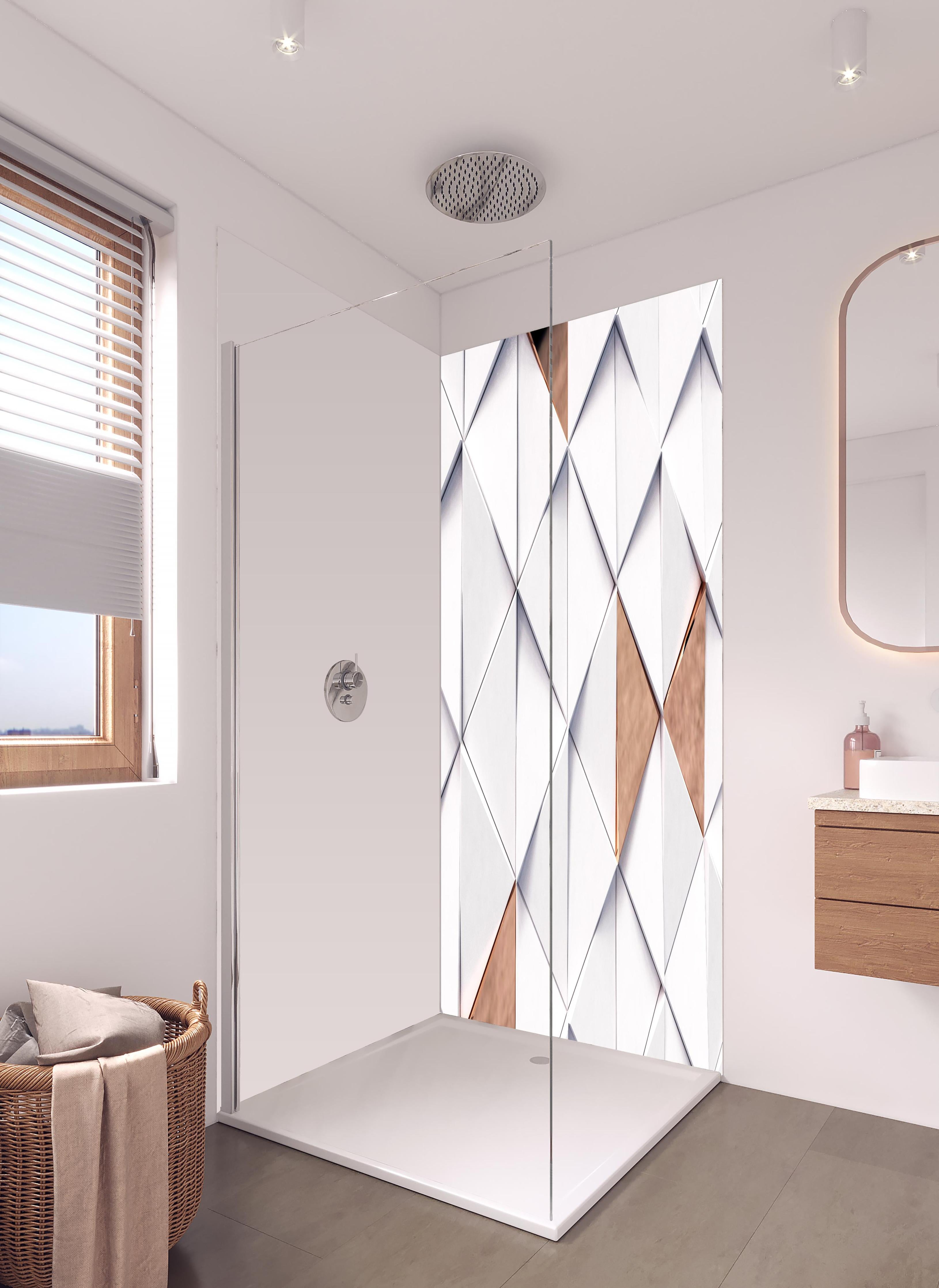 Duschrückwand - Dreieckiger Luxus Hintergrund in hellem Badezimmer mit Regenduschkopf - zweiteilige Eck-Duschrückwand