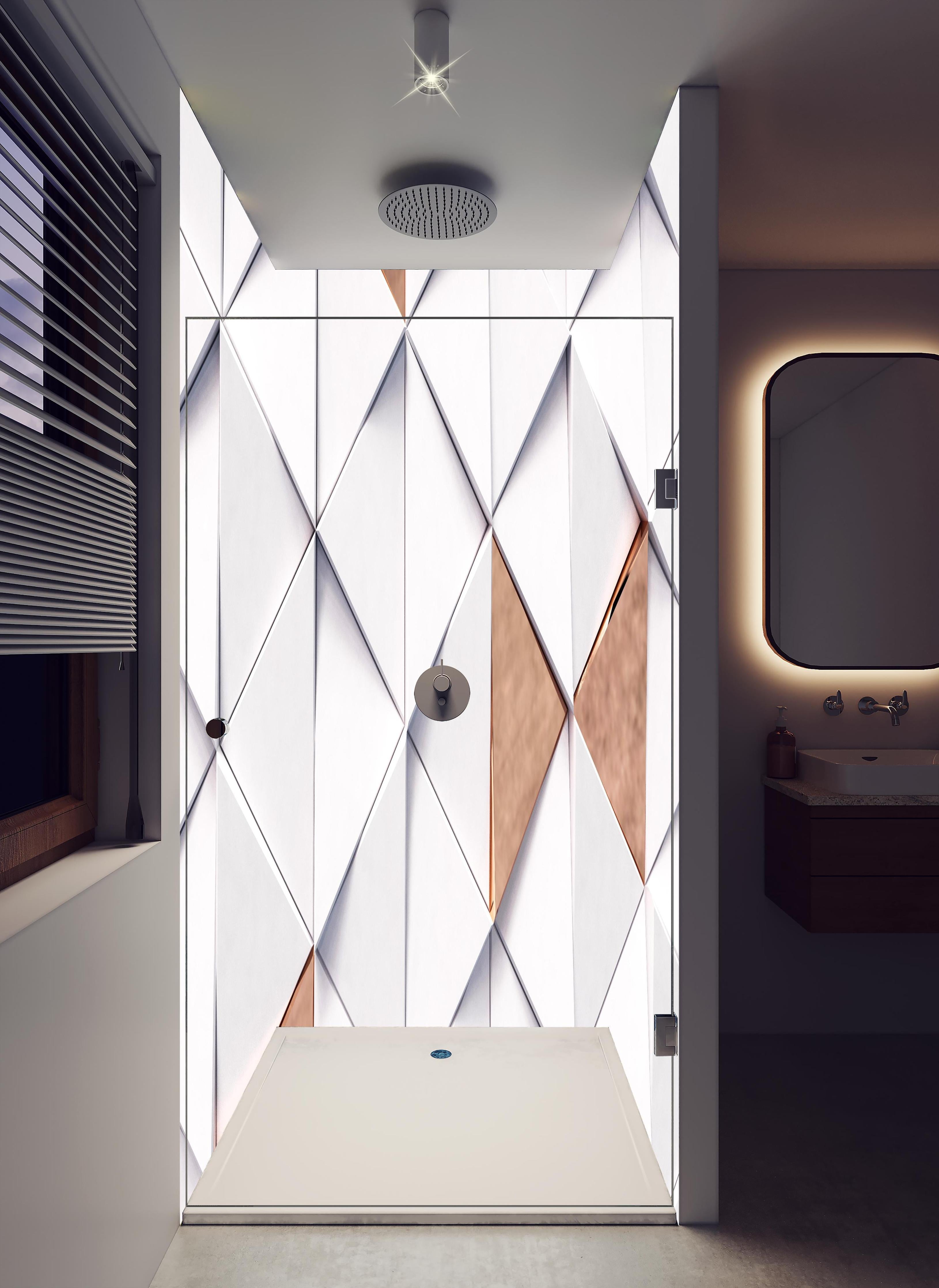 Duschrückwand - Dreieckiger Luxus Hintergrund in hellem Badezimmer mit Regenduschkopf - zweiteilige Eck-Duschrückwand