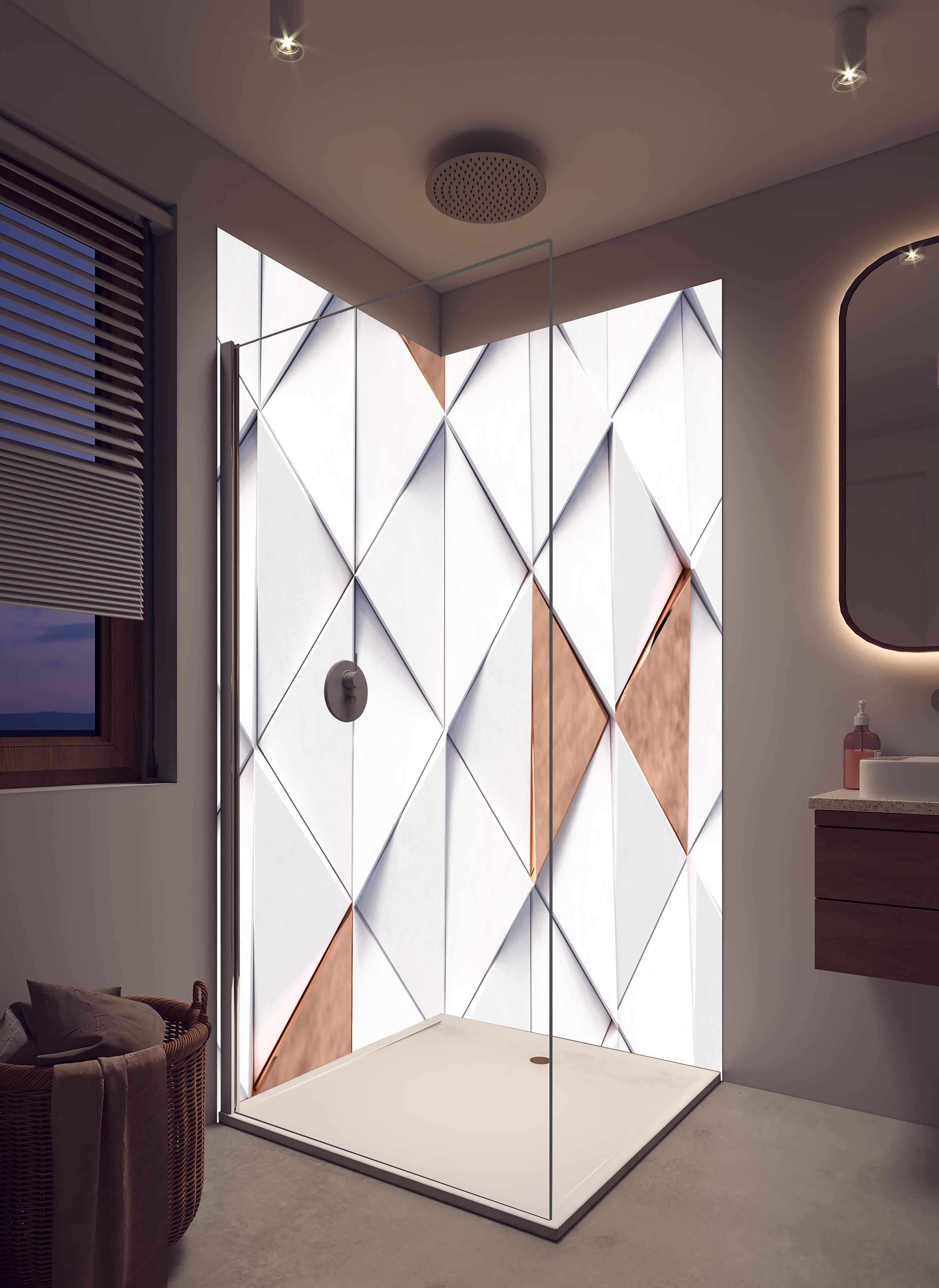 Duschrückwand - Dreieckiger Luxus Hintergrund in hellem Badezimmer mit Regenduschkopf - zweiteilige Eck-Duschrückwand