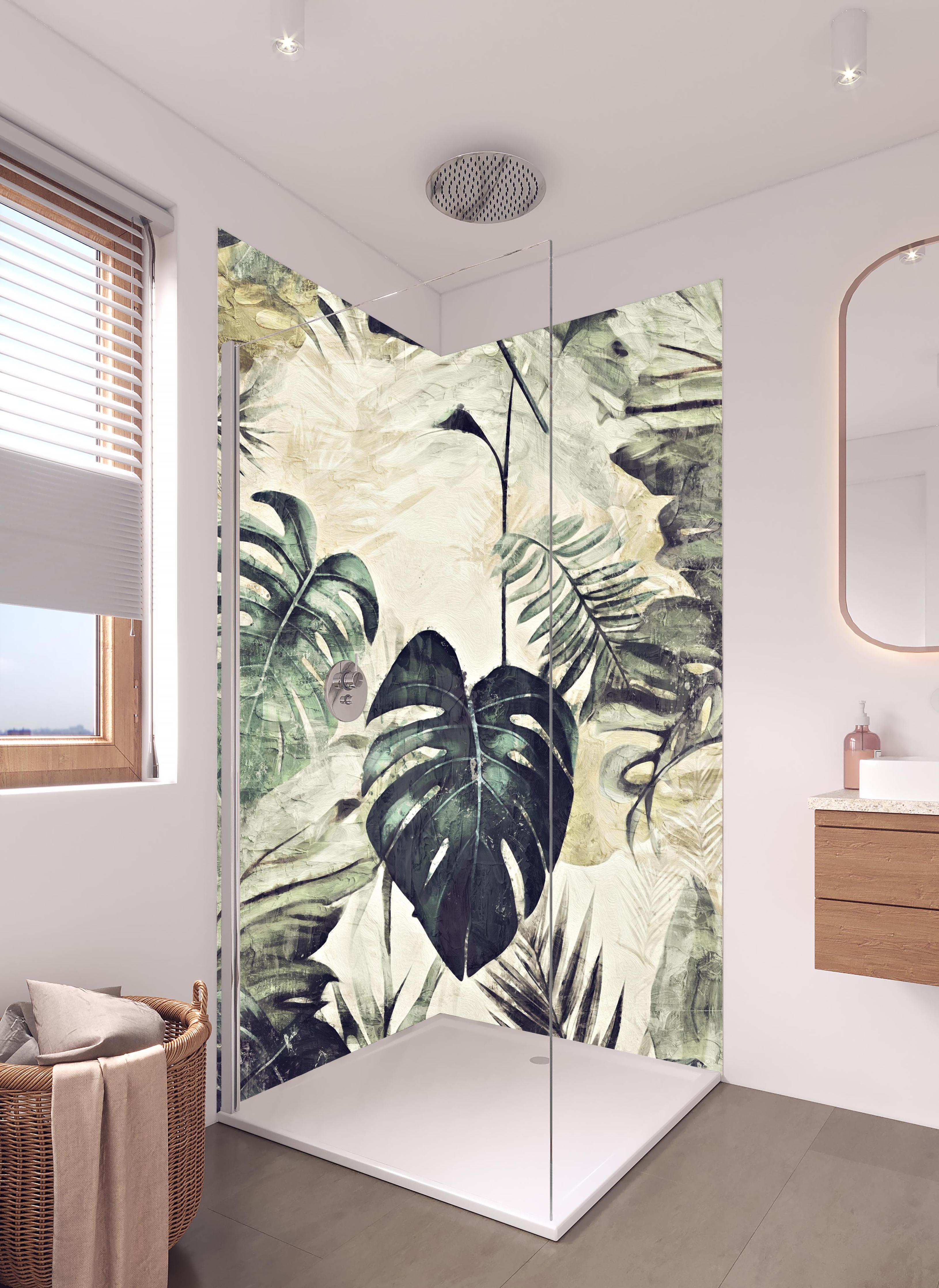 Duschrückwand - Dschungel Abstrakt Kunstwerk Grün 50x70 in hellem Badezimmer mit Regenduschkopf - zweiteilige Eck-Duschrückwand
