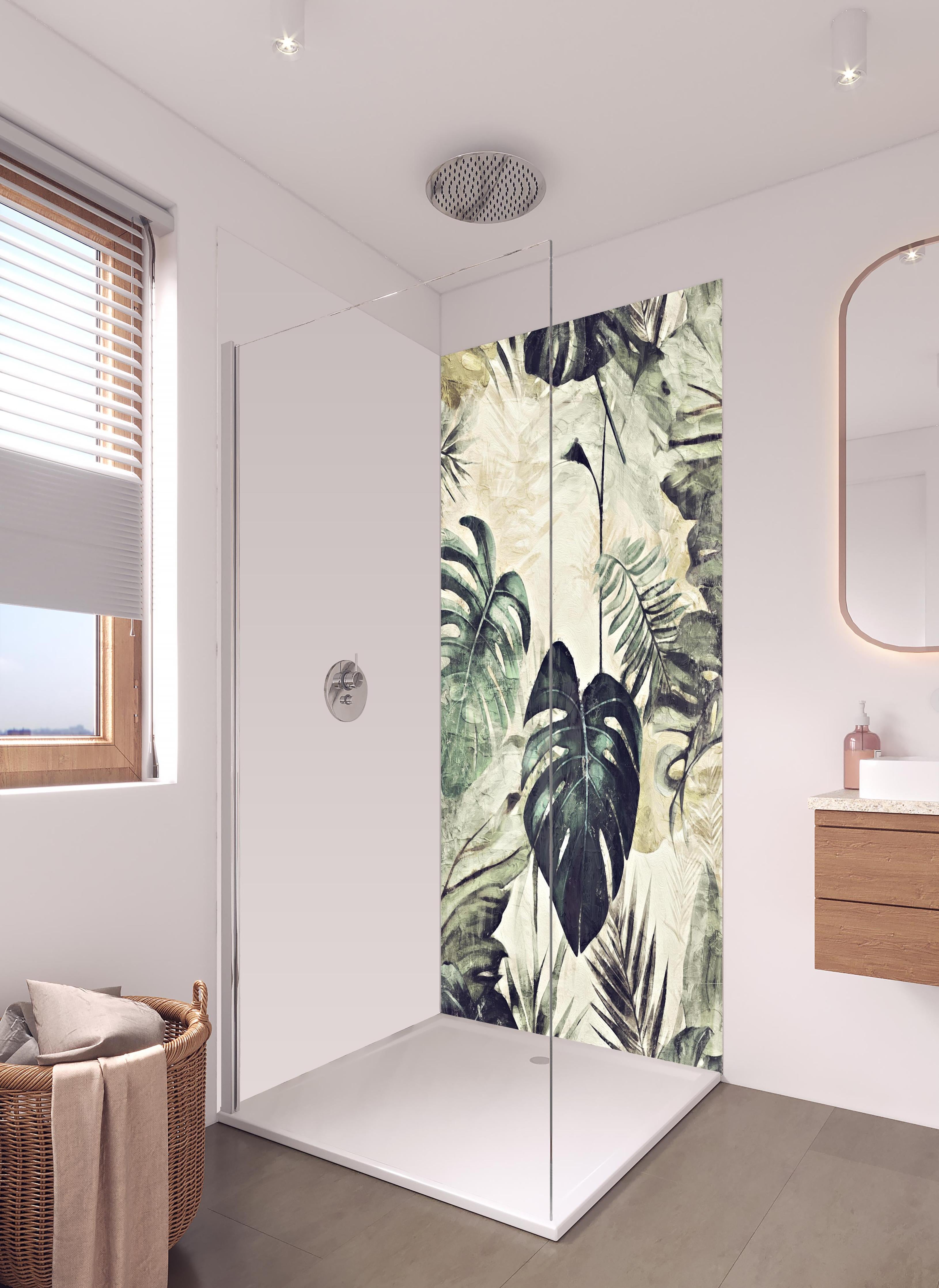 Duschrückwand - Dschungel Abstrakt Kunstwerk Grün 50x70 in hellem Badezimmer mit Regenduschkopf - zweiteilige Eck-Duschrückwand