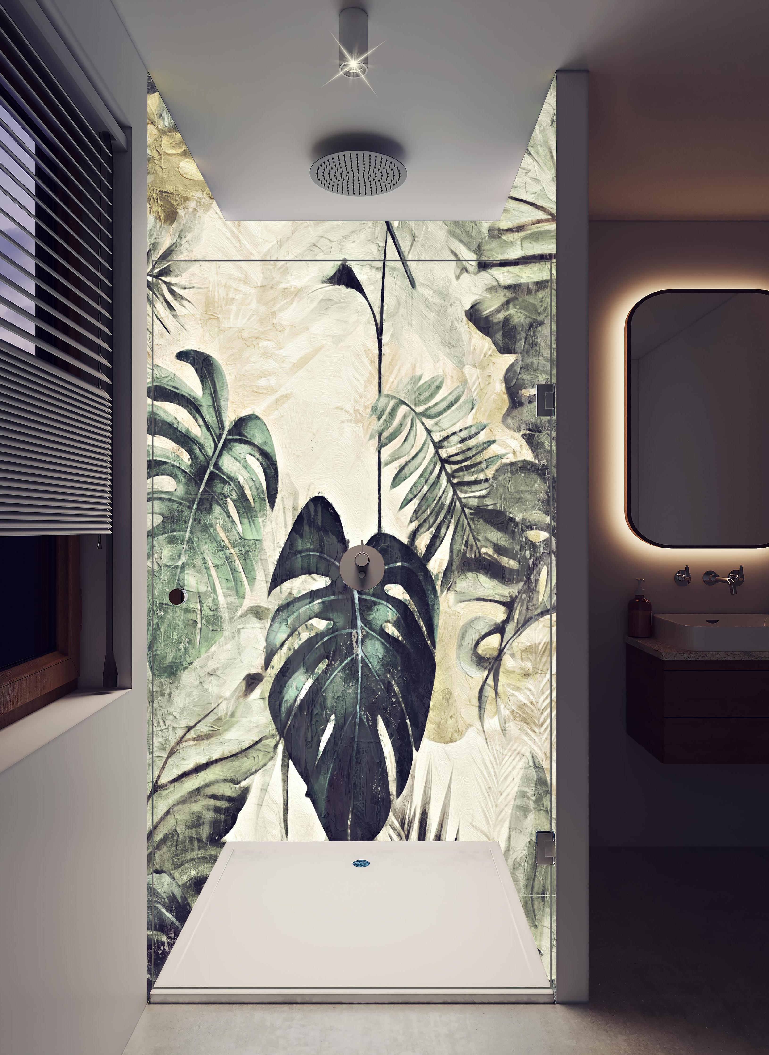 Duschrückwand - Dschungel Abstrakt Kunstwerk Grün 50x70 in hellem Badezimmer mit Regenduschkopf - zweiteilige Eck-Duschrückwand