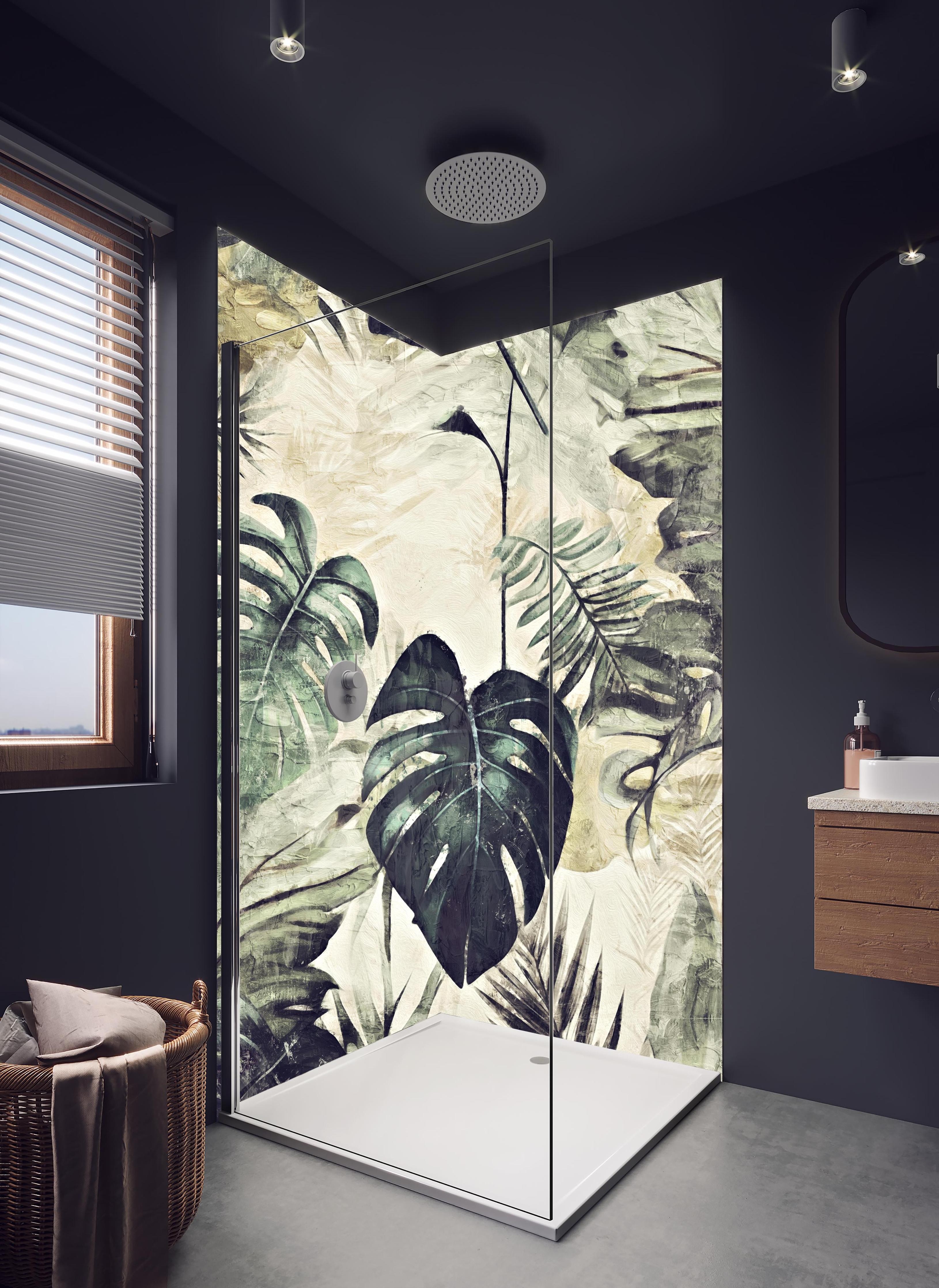 Duschrückwand - Dschungel Abstrakt Kunstwerk Grün 50x70 in hellem Badezimmer mit Regenduschkopf - zweiteilige Eck-Duschrückwand
