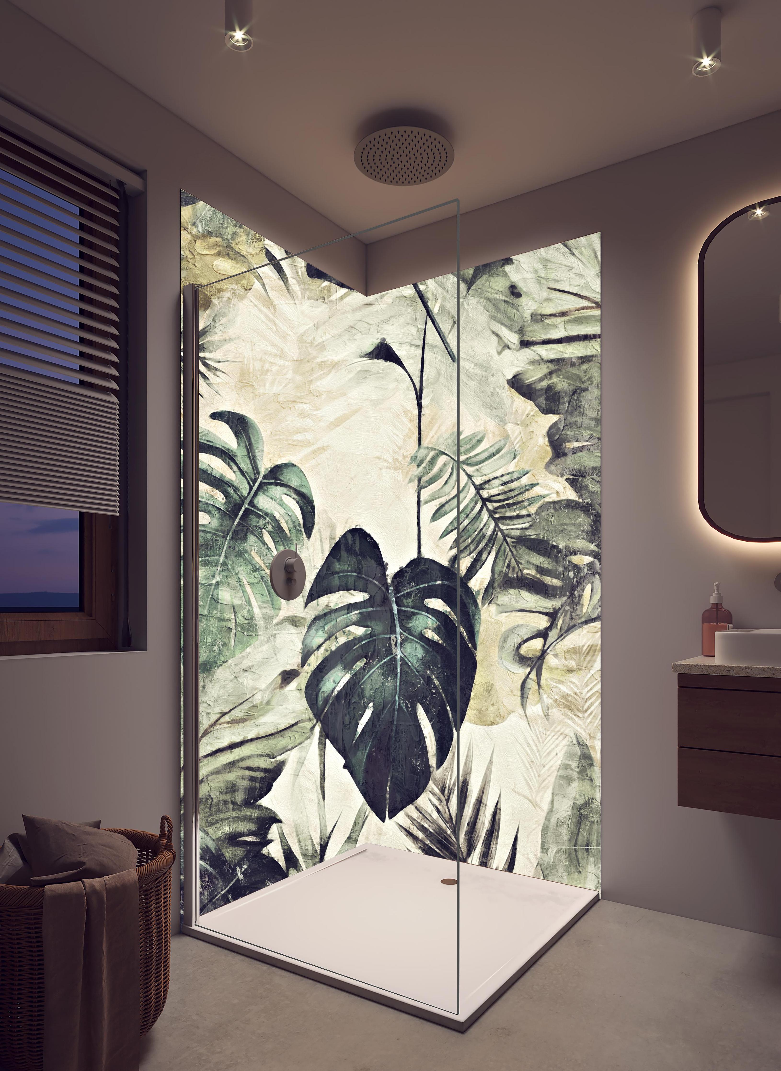 Duschrückwand - Dschungel Abstrakt Kunstwerk Grün 50x70 in hellem Badezimmer mit Regenduschkopf - zweiteilige Eck-Duschrückwand