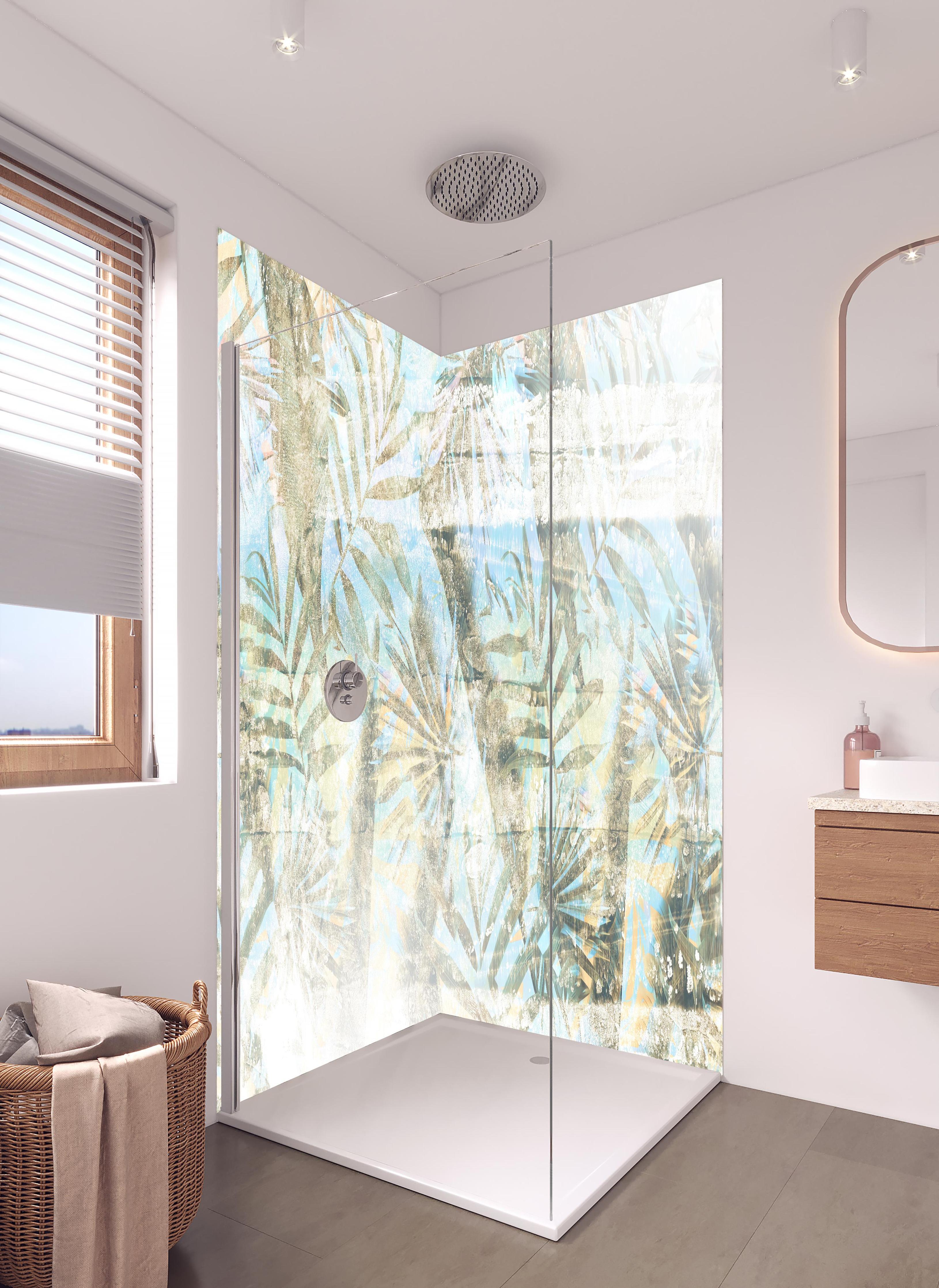 Duschrückwand - Dschungel Portrait in hellem Badezimmer mit Regenduschkopf - zweiteilige Eck-Duschrückwand