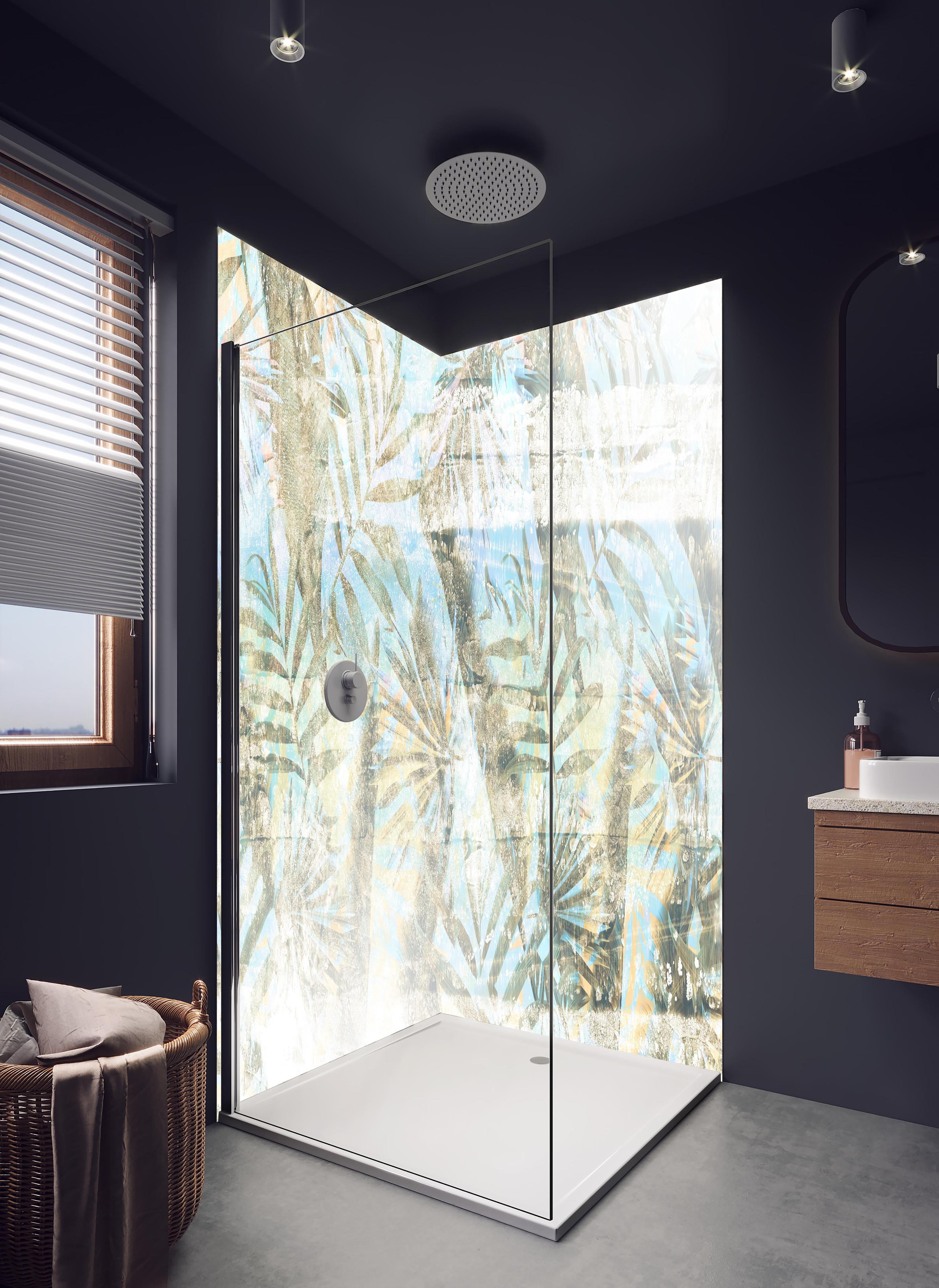 Duschrückwand - Dschungel Portrait in hellem Badezimmer mit Regenduschkopf - zweiteilige Eck-Duschrückwand