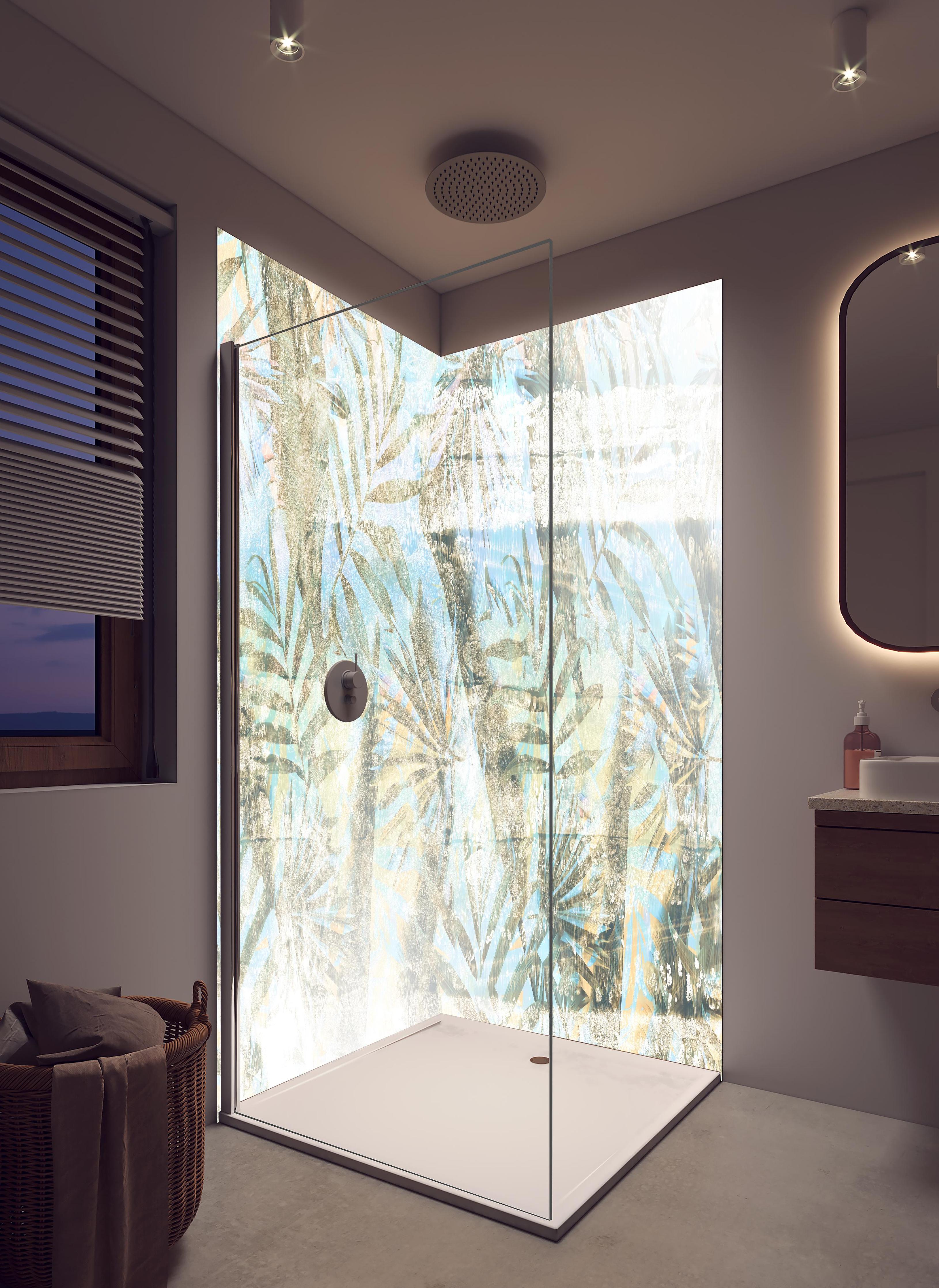 Duschrückwand - Dschungel Portrait in hellem Badezimmer mit Regenduschkopf - zweiteilige Eck-Duschrückwand