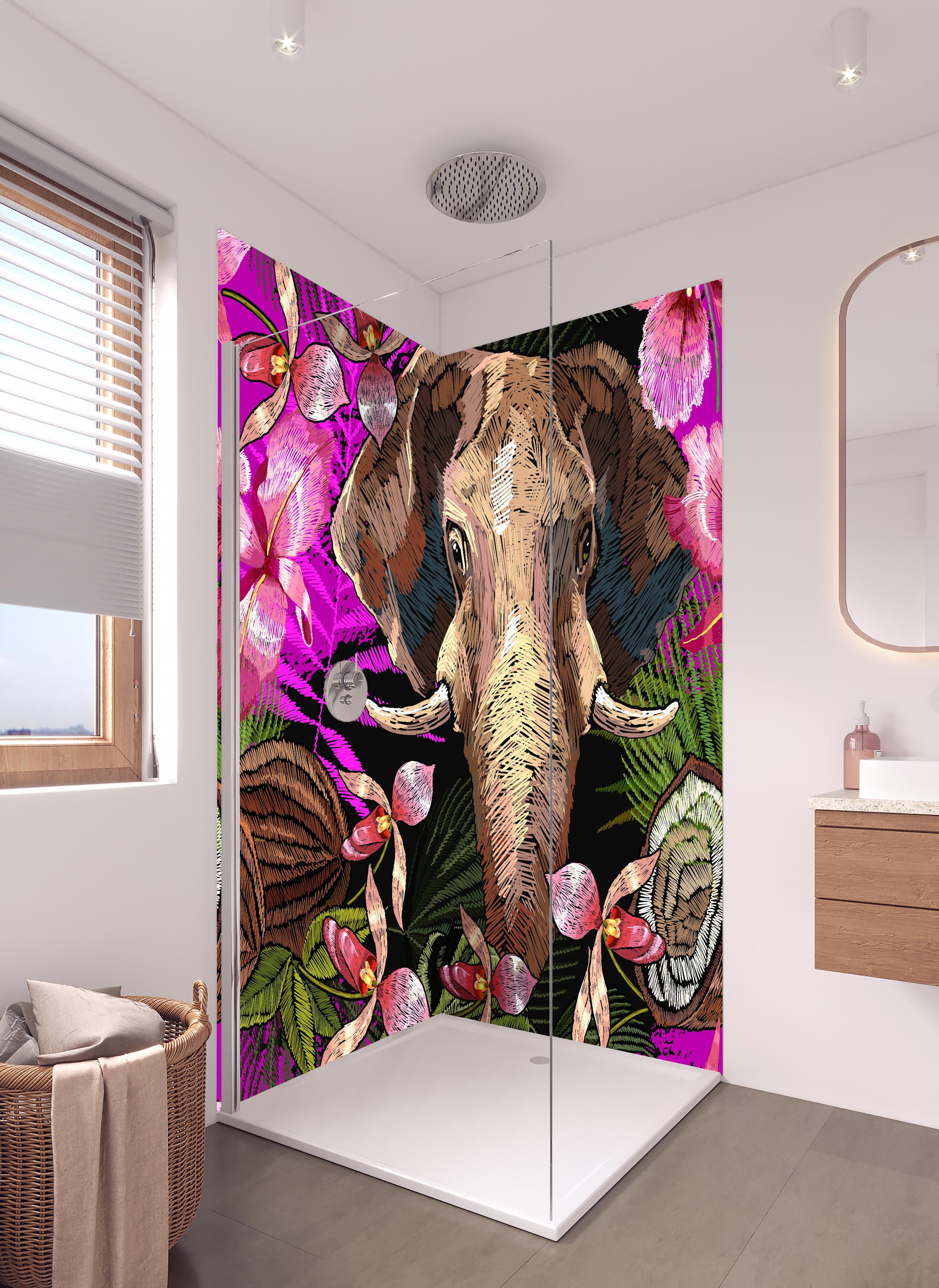Duschrückwand - Dschungelnacht mit Elefanten und Orchideen in hellem Badezimmer mit Regenduschkopf - zweiteilige Eck-Duschrückwand