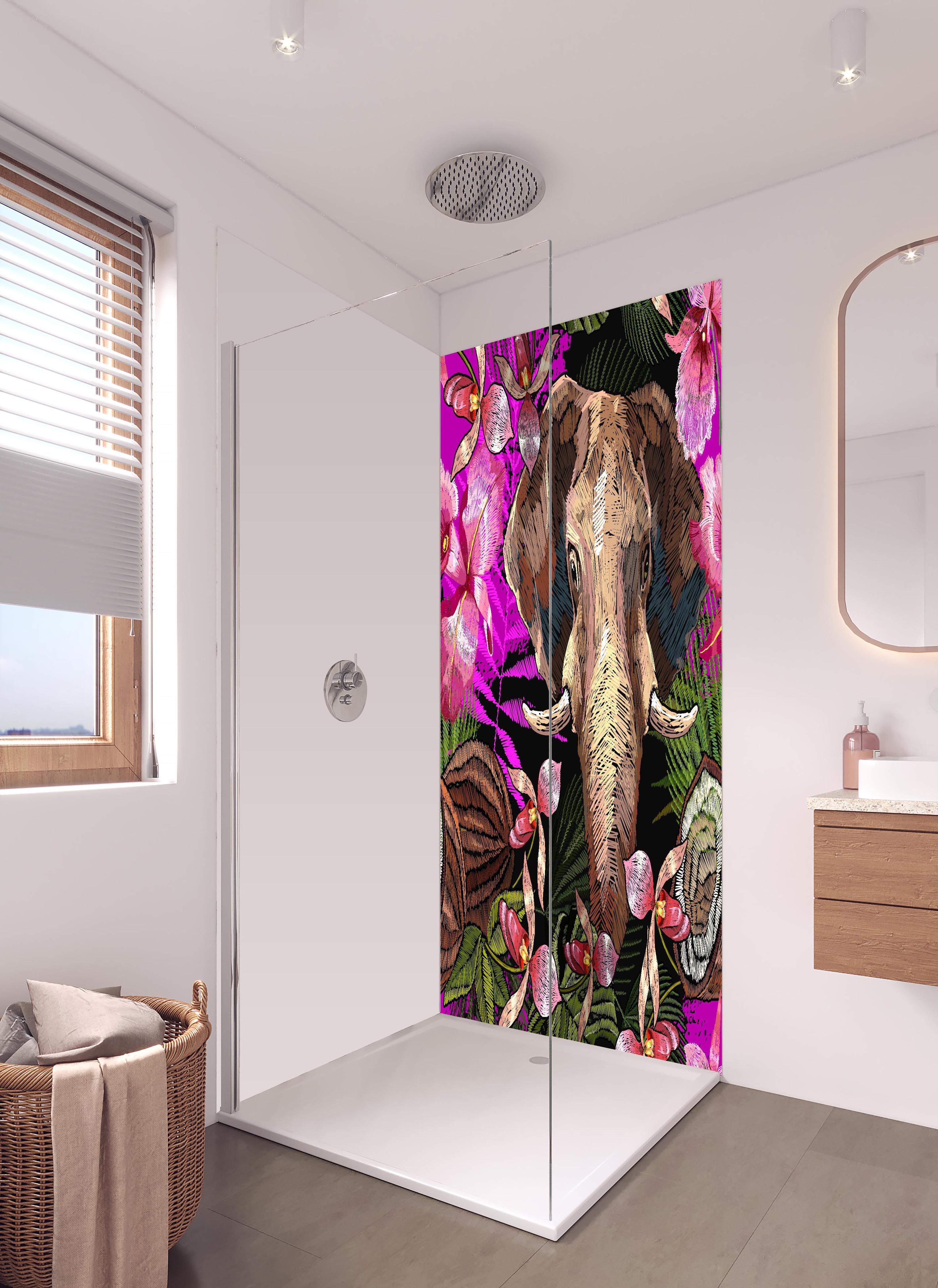 Duschrückwand - Dschungelnacht mit Elefanten und Orchideen in hellem Badezimmer mit Regenduschkopf - zweiteilige Eck-Duschrückwand