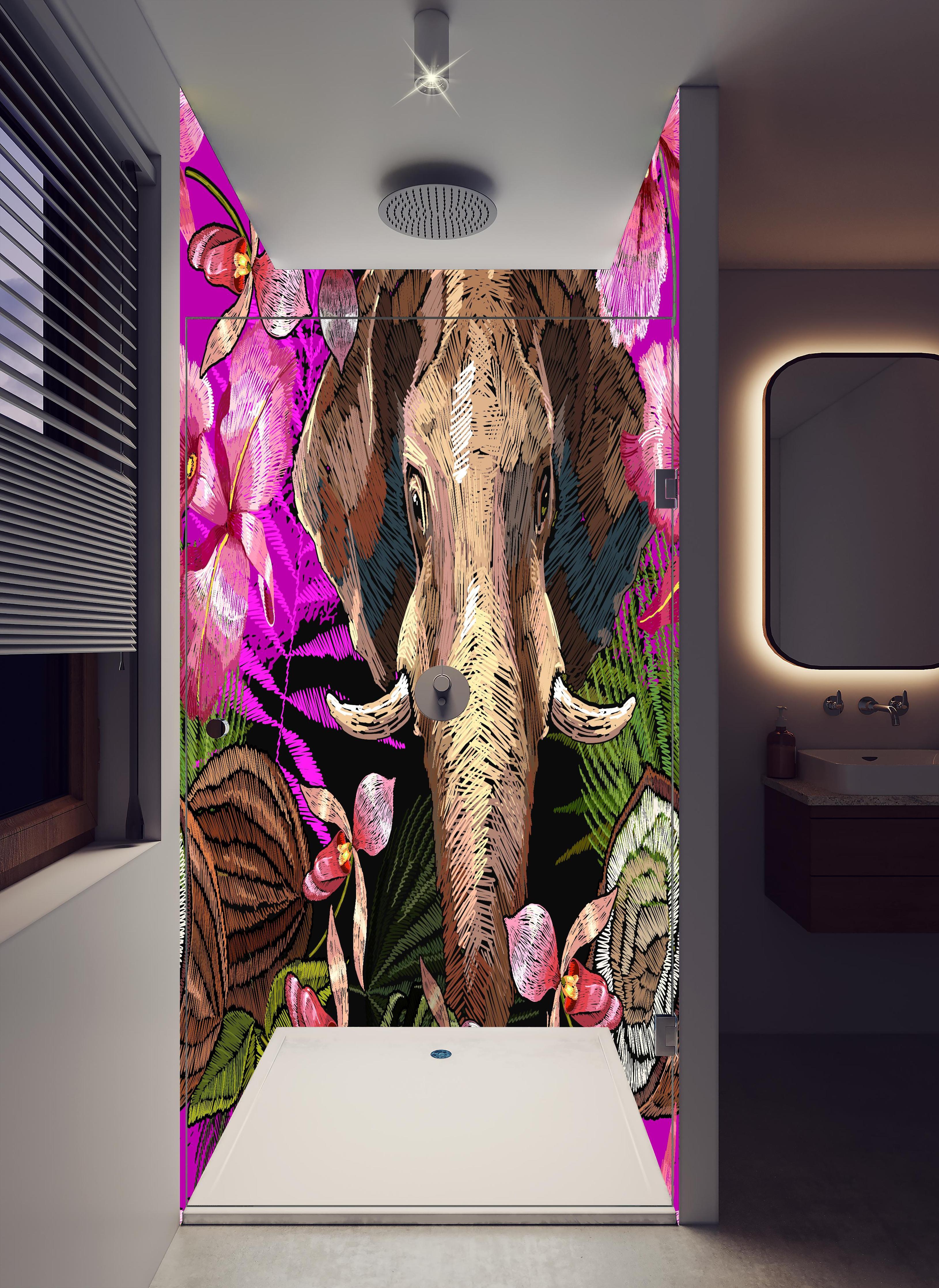 Duschrückwand - Dschungelnacht mit Elefanten und Orchideen in hellem Badezimmer mit Regenduschkopf - zweiteilige Eck-Duschrückwand