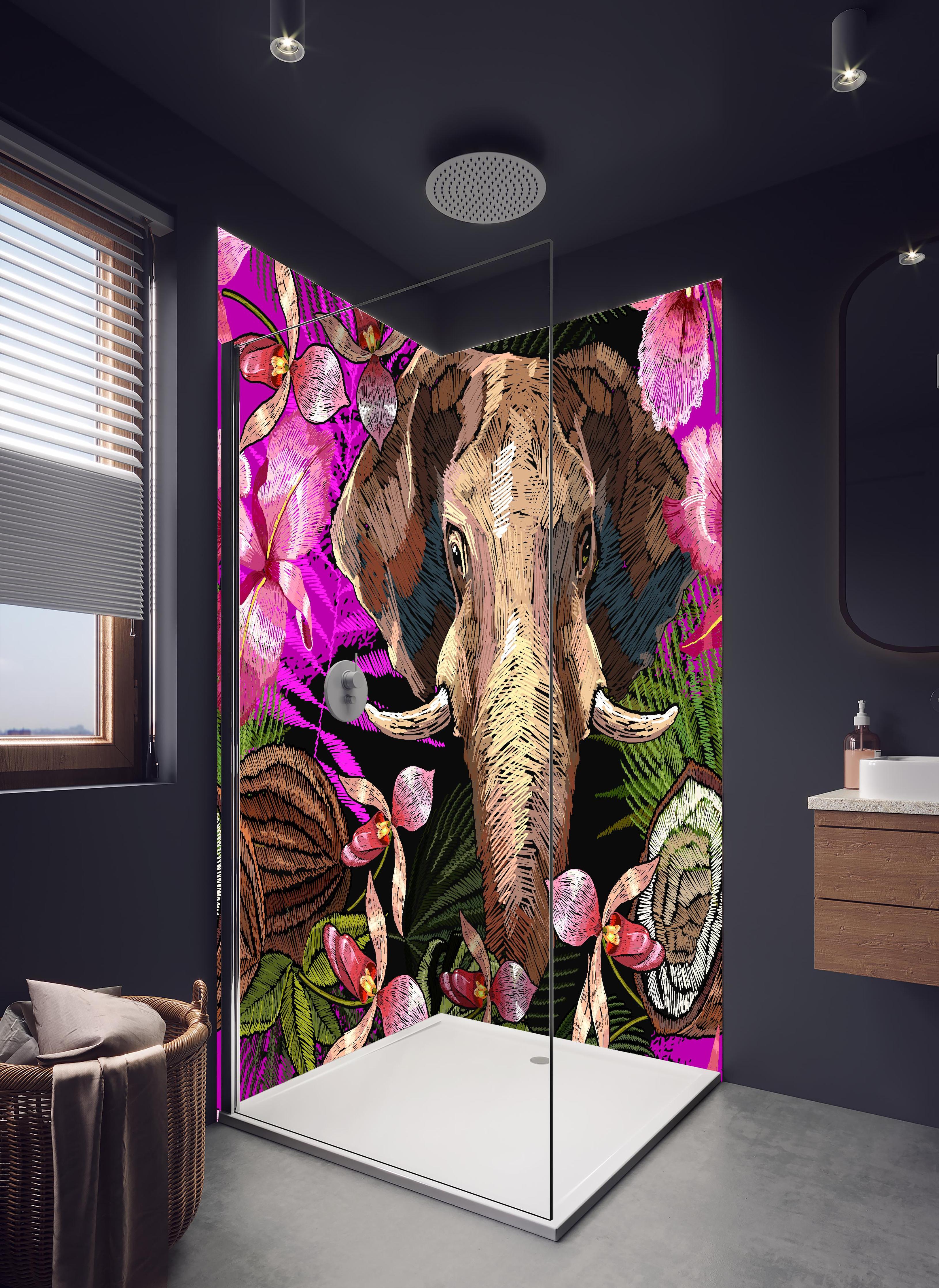 Duschrückwand - Dschungelnacht mit Elefanten und Orchideen in hellem Badezimmer mit Regenduschkopf - zweiteilige Eck-Duschrückwand