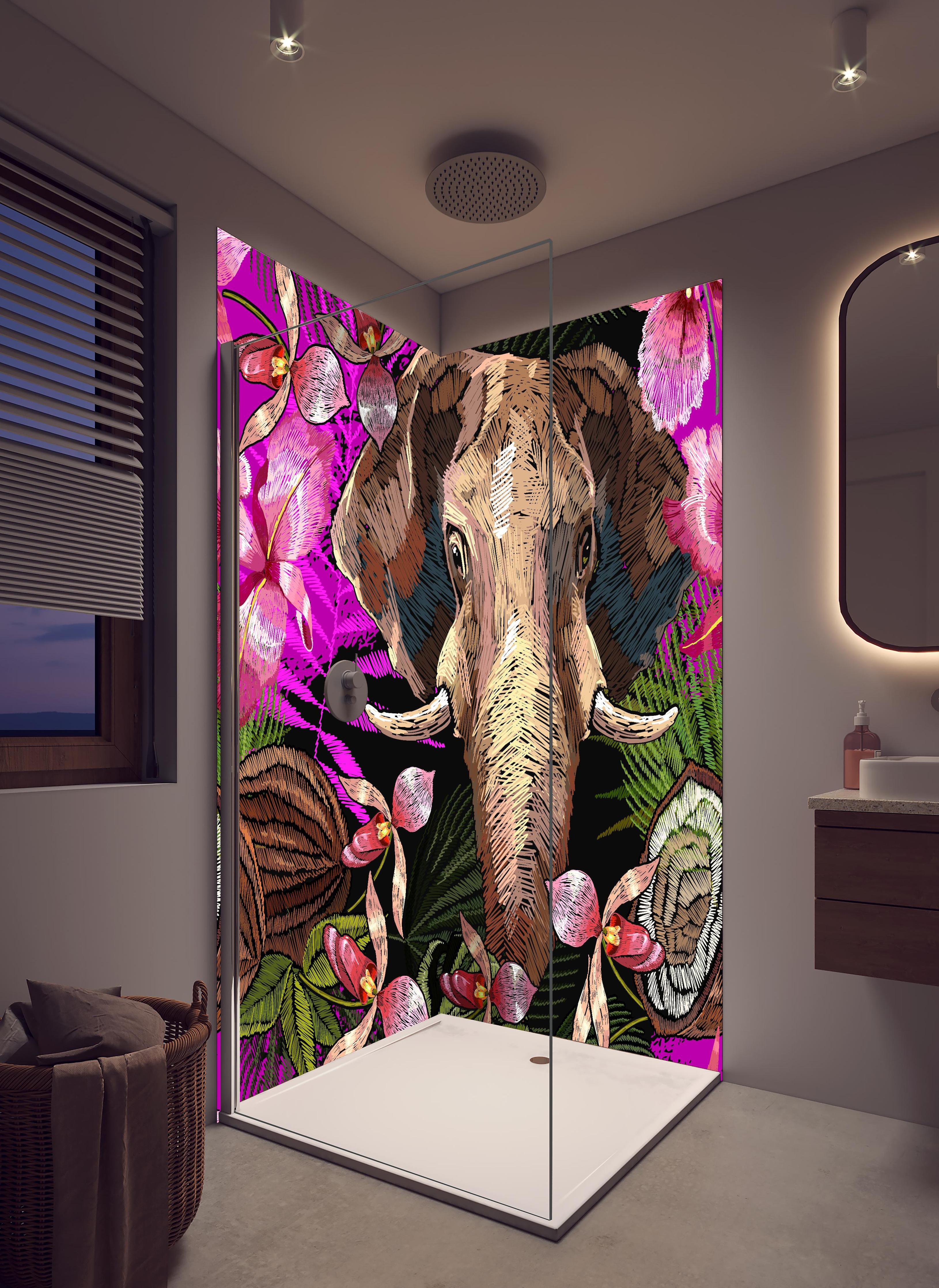 Duschrückwand - Dschungelnacht mit Elefanten und Orchideen in hellem Badezimmer mit Regenduschkopf - zweiteilige Eck-Duschrückwand