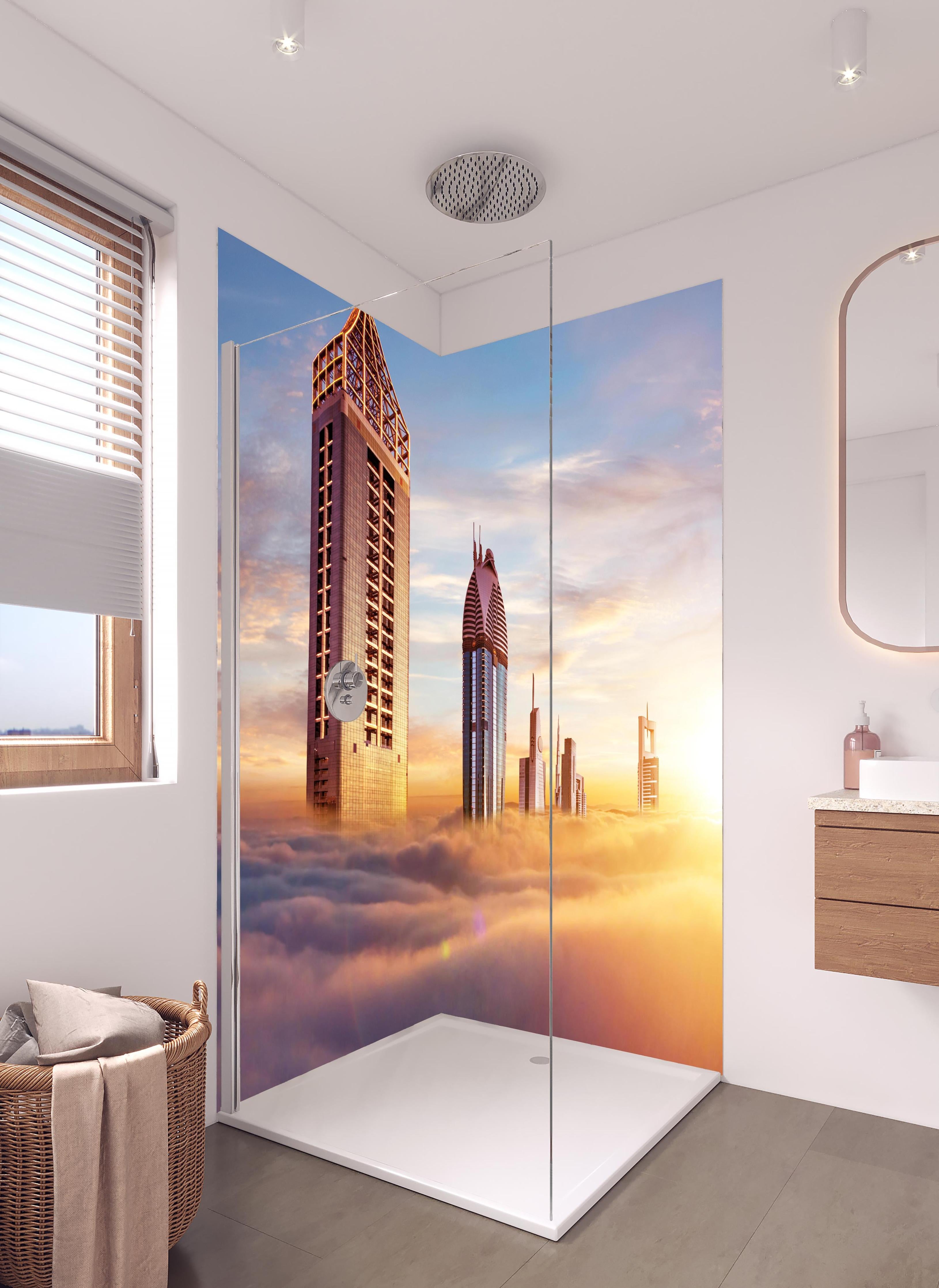 Duschrückwand - Dubai Wolkenkratzer über den Wolken bei Sonnenaufgang in hellem Badezimmer mit Regenduschkopf - zweiteilige Eck-Duschrückwand