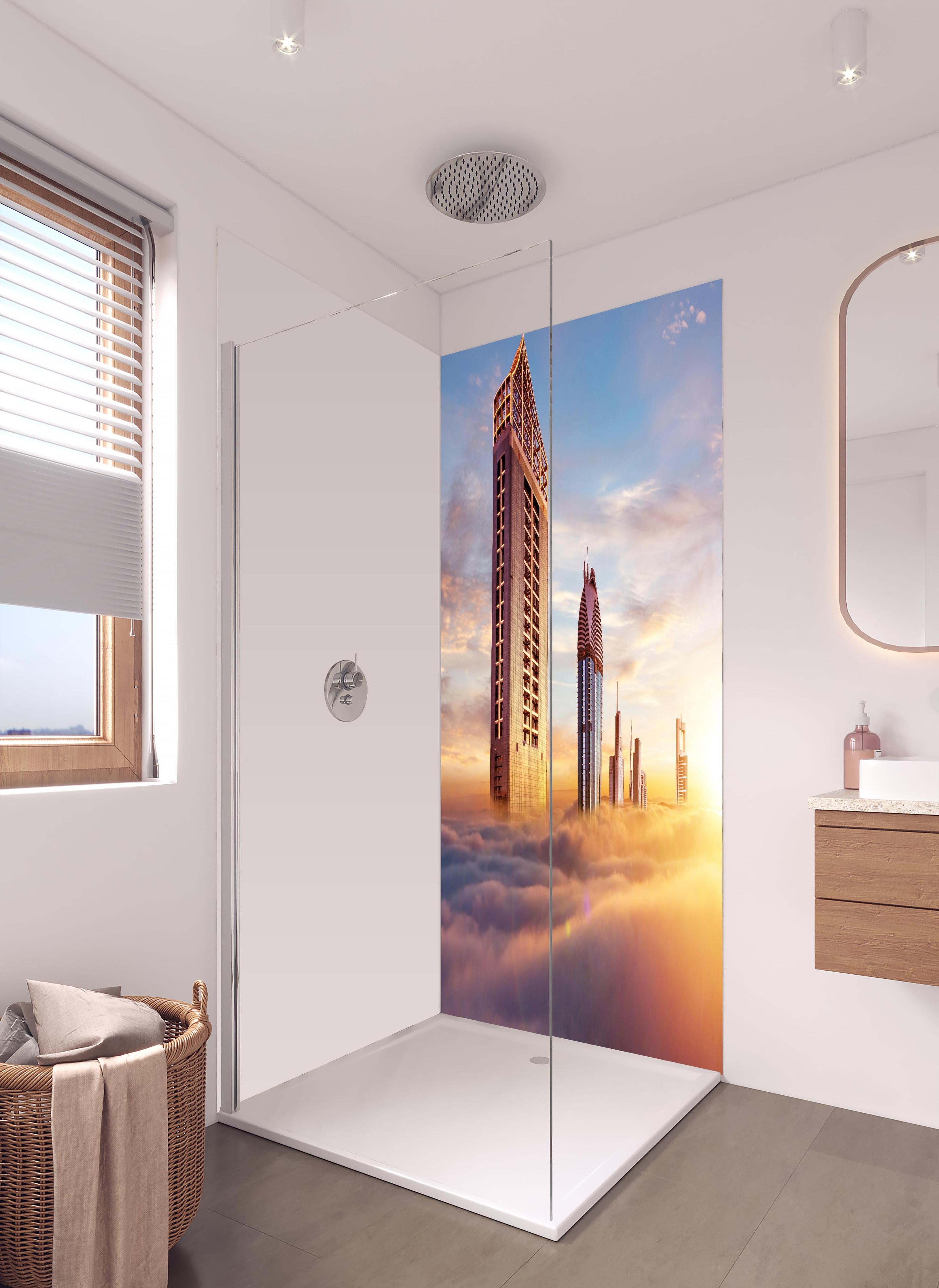 Duschrückwand - Dubai Wolkenkratzer über den Wolken bei Sonnenaufgang in hellem Badezimmer mit Regenduschkopf - zweiteilige Eck-Duschrückwand