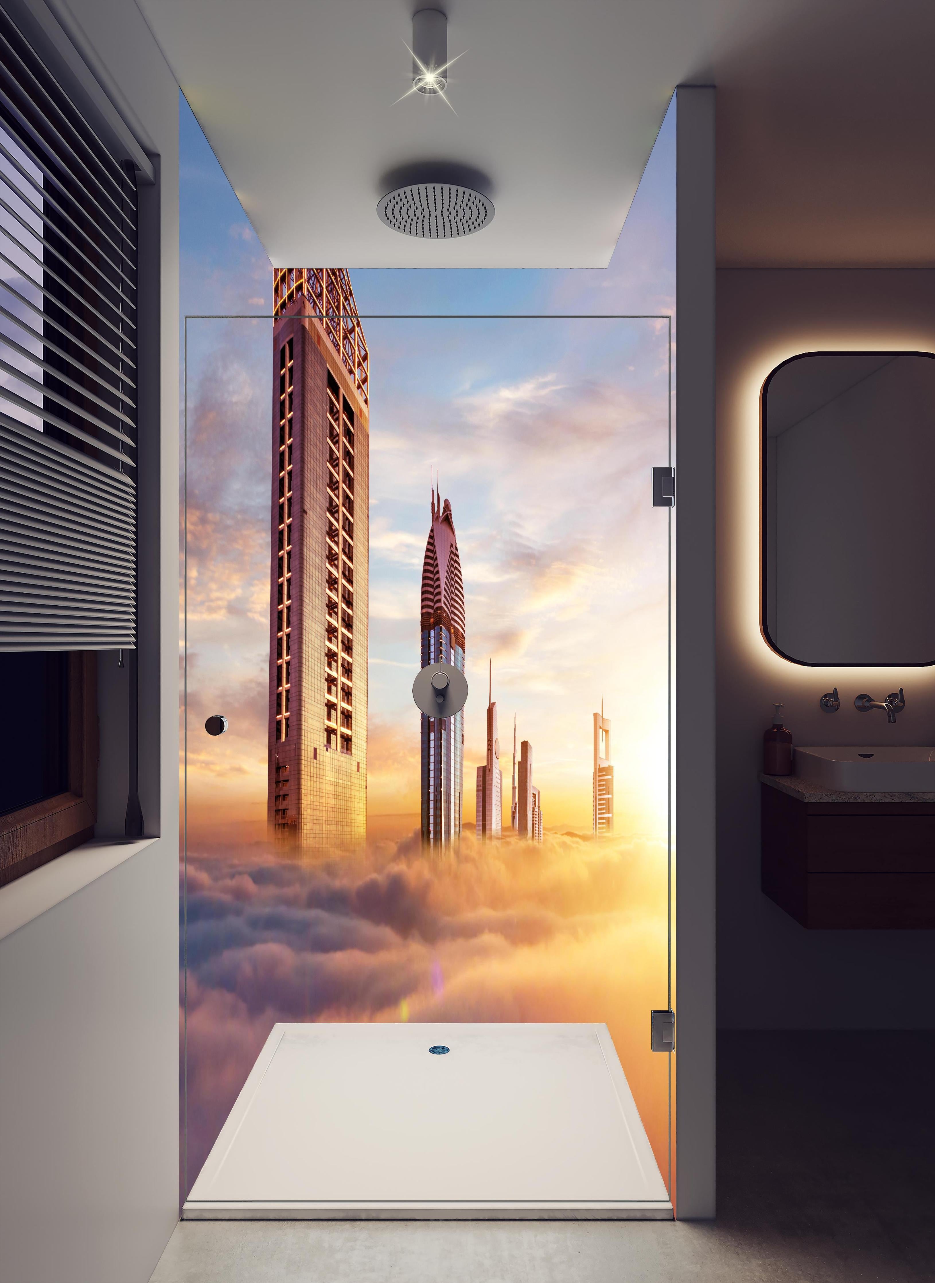 Duschrückwand - Dubai Wolkenkratzer über den Wolken bei Sonnenaufgang in hellem Badezimmer mit Regenduschkopf - zweiteilige Eck-Duschrückwand