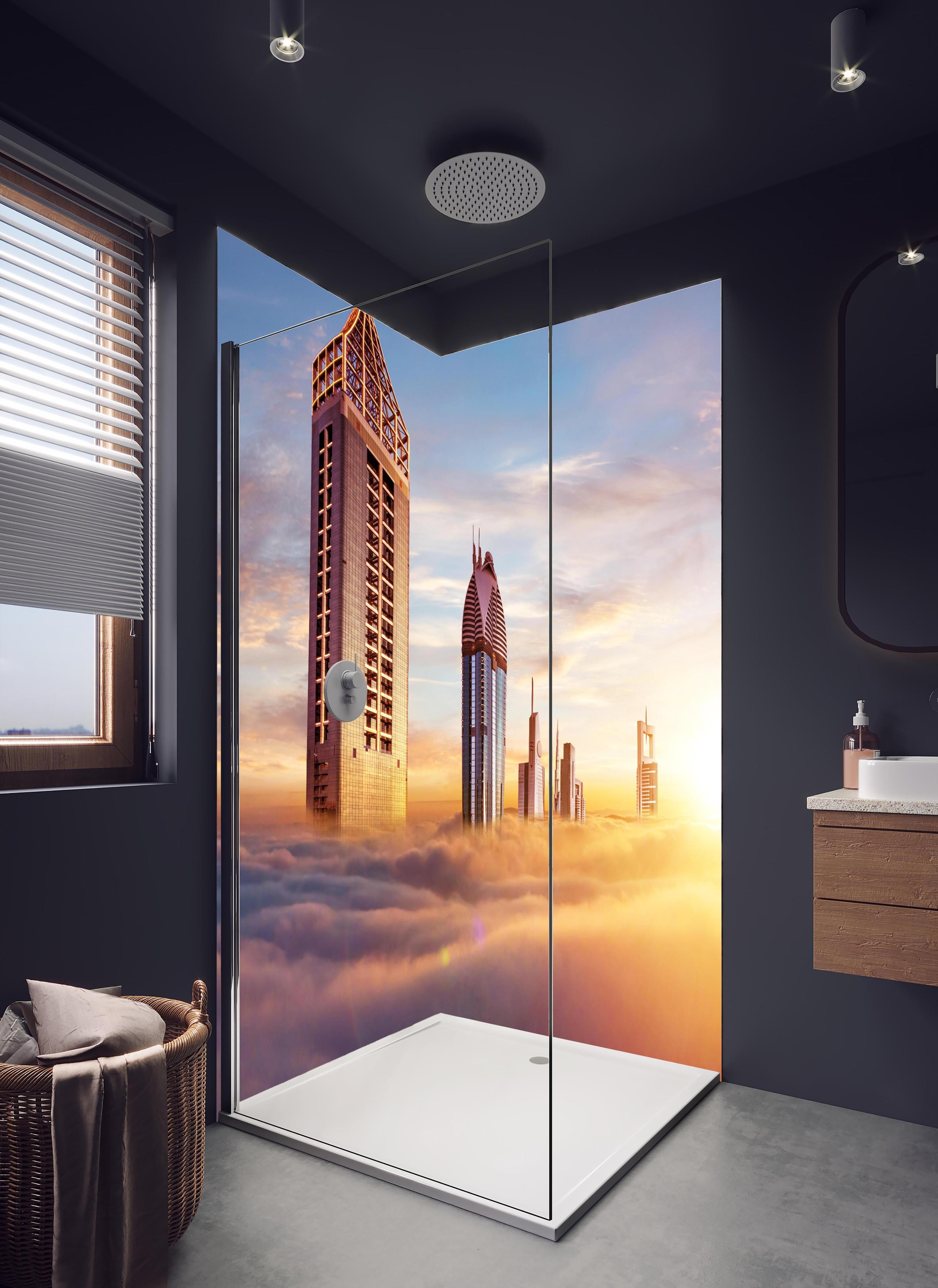 Duschrückwand - Dubai Wolkenkratzer über den Wolken bei Sonnenaufgang in hellem Badezimmer mit Regenduschkopf - zweiteilige Eck-Duschrückwand