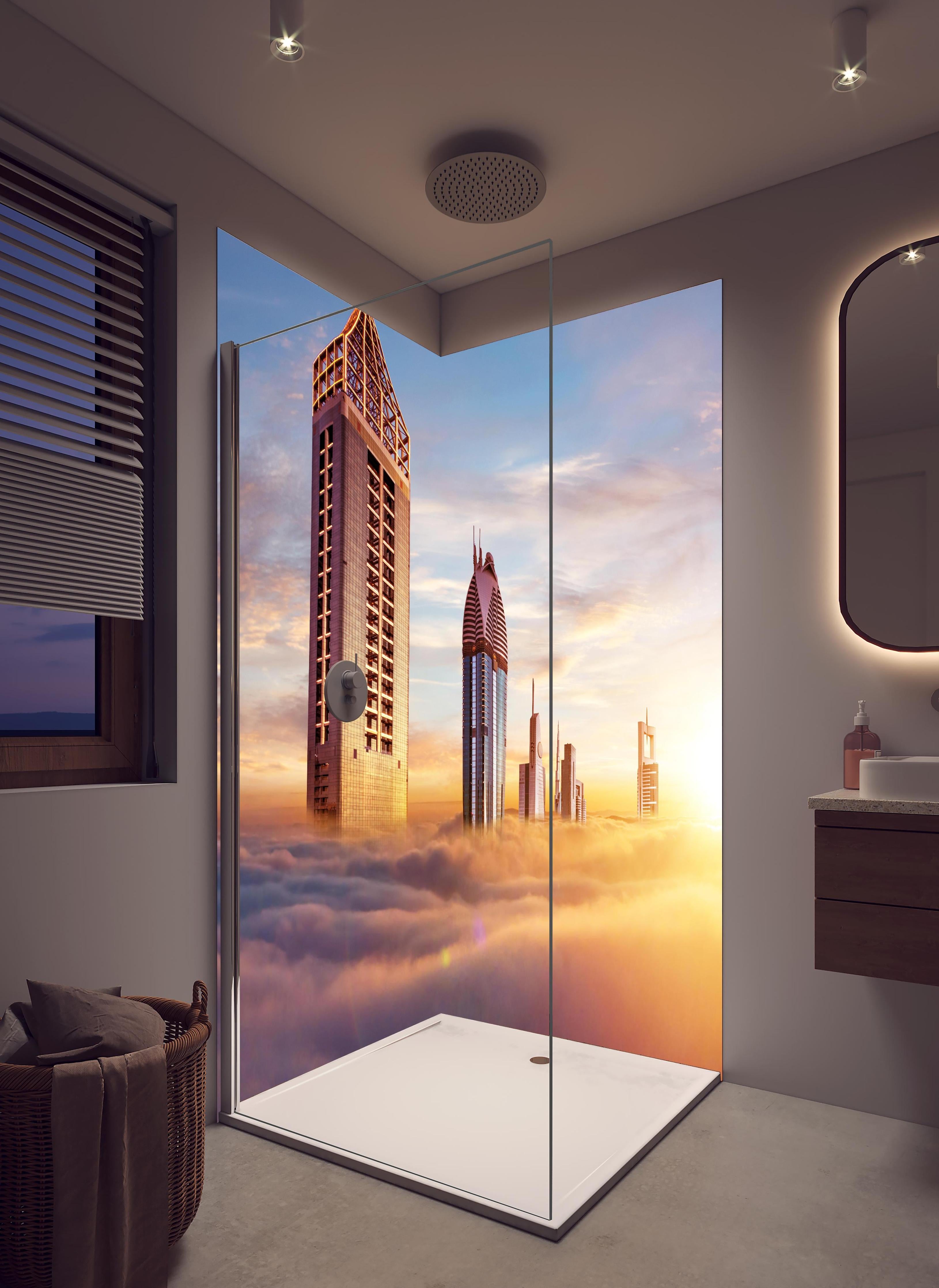 Duschrückwand - Dubai Wolkenkratzer über den Wolken bei Sonnenaufgang in hellem Badezimmer mit Regenduschkopf - zweiteilige Eck-Duschrückwand