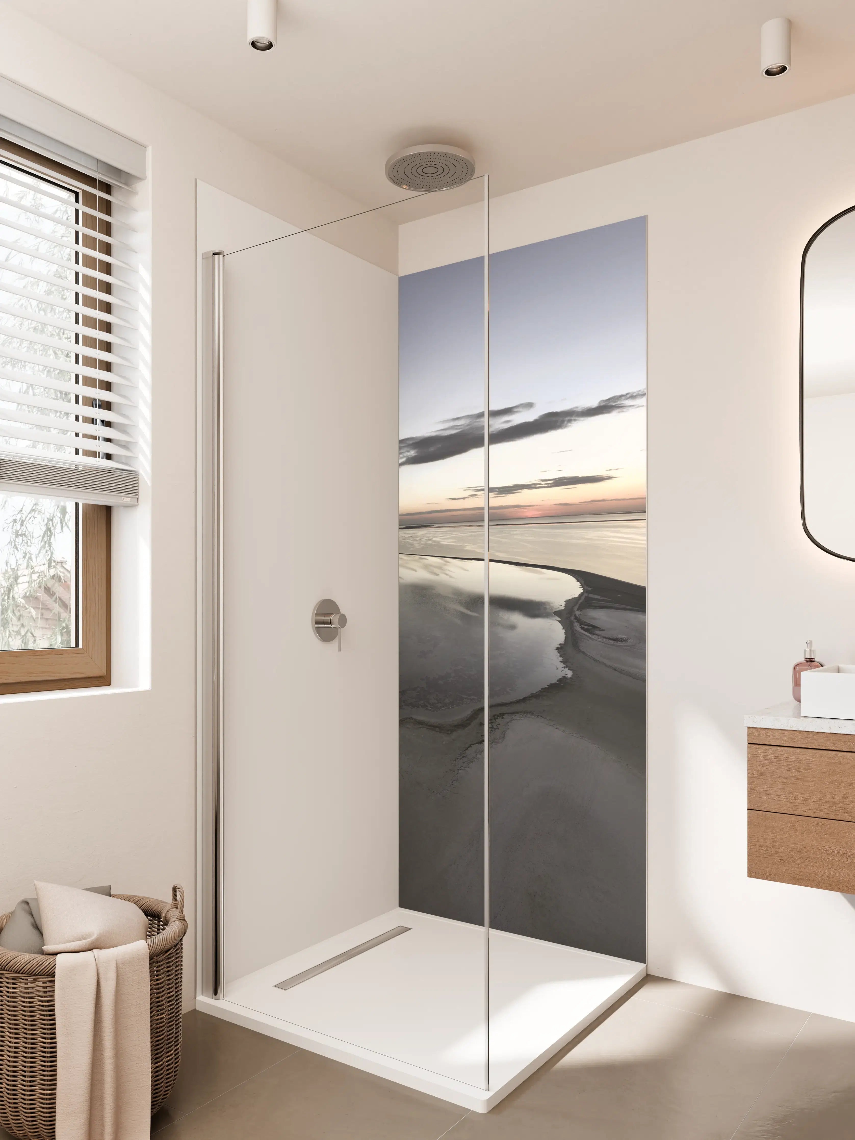 Duschrückwand - Dünen und Wasser im Sonnenuntergang